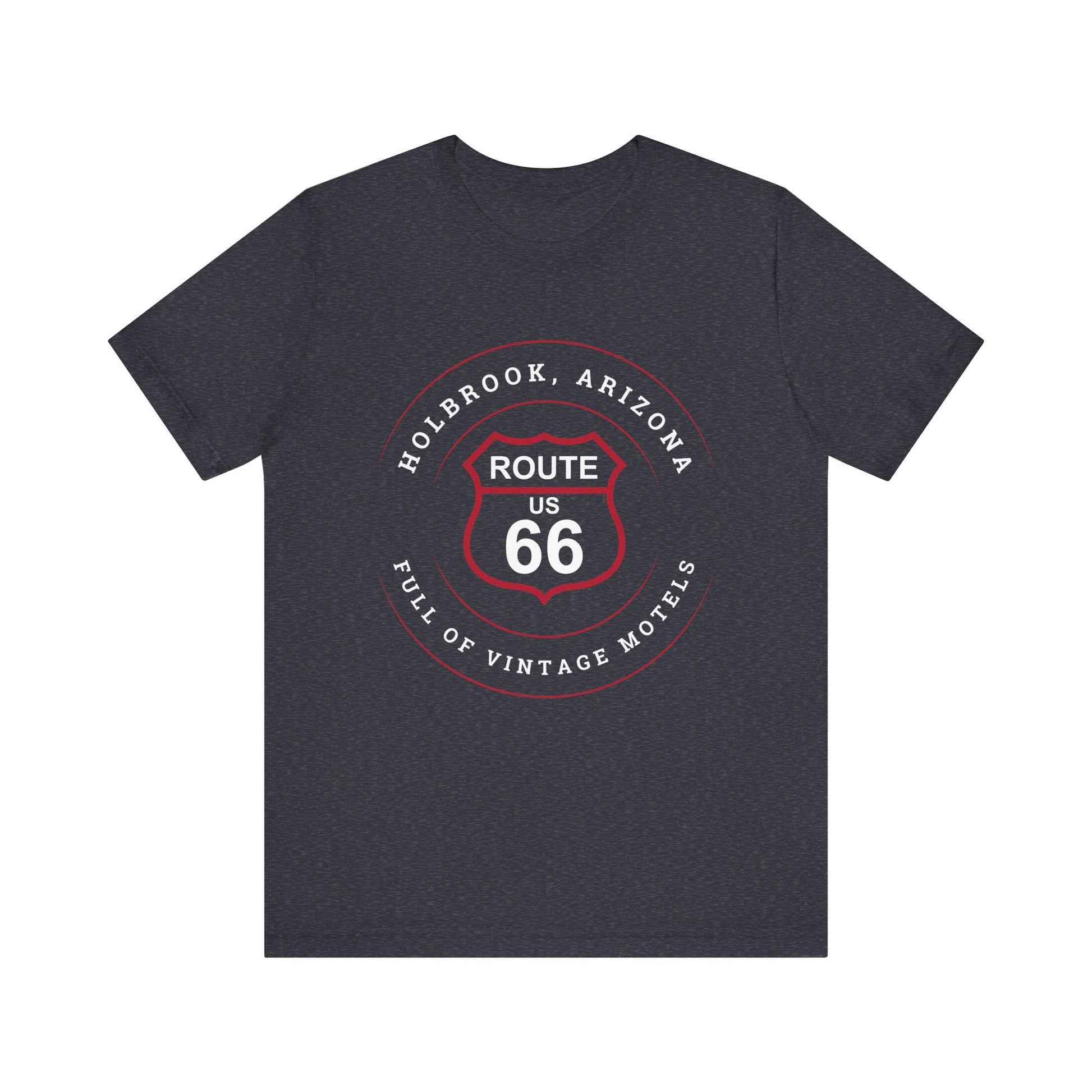Heather navy retro Route 66 unisex jersey tee with Holbrook, AZ: "Full of Vintage Motels" design