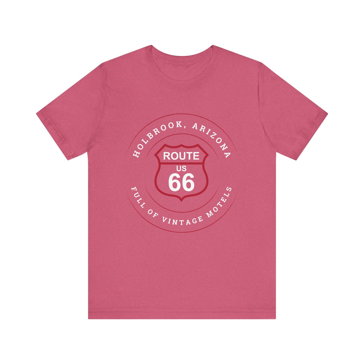 Heather raspberry retro Route 66 unisex jersey tee with Holbrook, AZ: "Full of Vintage Motels" design