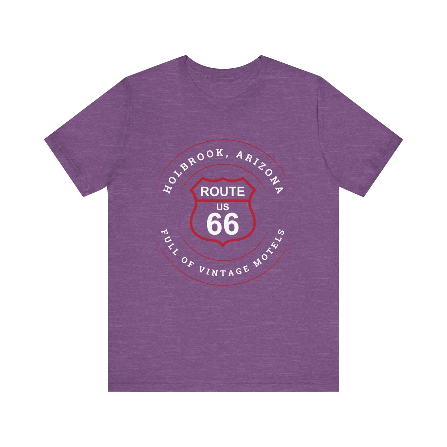 Heather team purple retro Route 66 unisex jersey tee with Holbrook, AZ: "Full of Vintage Motels" design