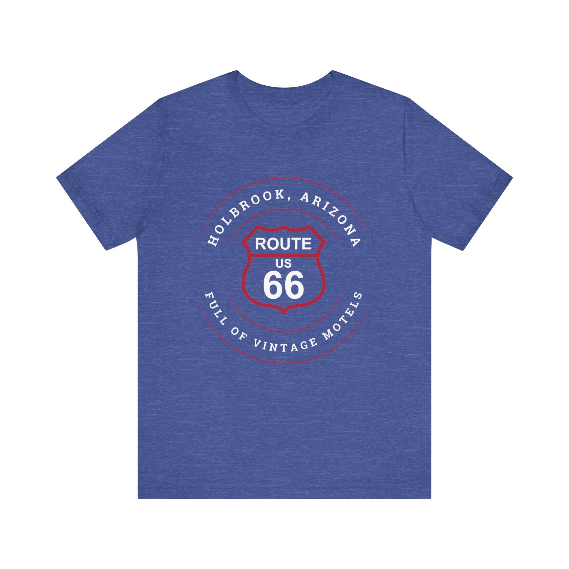 Heather true royal  retro Route 66 unisex jersey tee with Holbrook, AZ: "Full of Vintage Motels" design