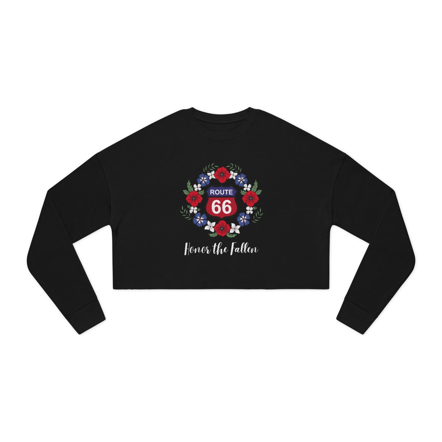 Flat lay of black cropped Route 66 “Honor the Fallen” sweatshirt featuring red Route 66 shield surrounded by poppies and the phrase “Honor the Fallen.”