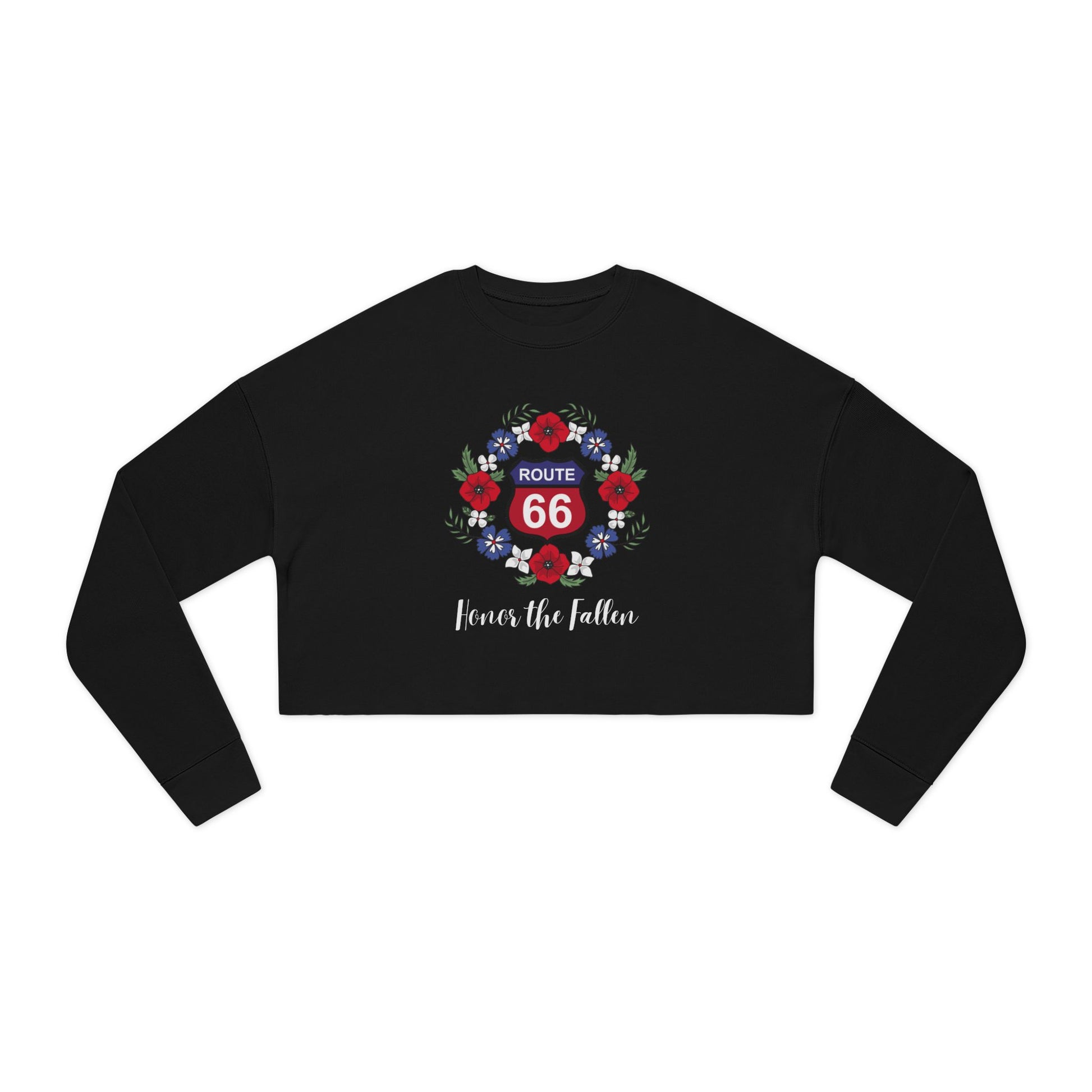 Flat lay of black cropped Route 66 “Honor the Fallen” sweatshirt featuring red Route 66 shield surrounded by poppies and the phrase “Honor the Fallen.”
