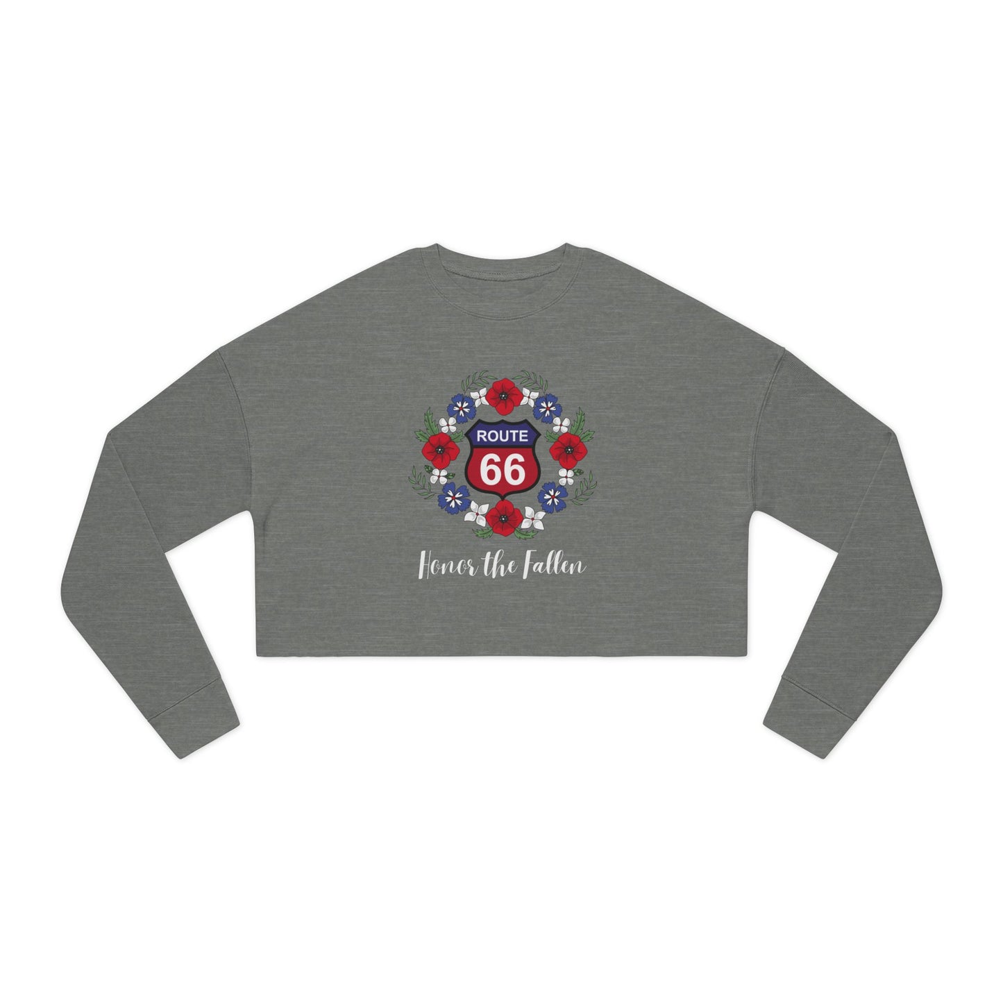 Flat lay of deep heather cropped Route 66 “Honor the Fallen” sweatshirt featuring red-and-blue interstate-styled Route 66 shield surrounded by a poppy wreath and the phrase “Honor the Fallen.”