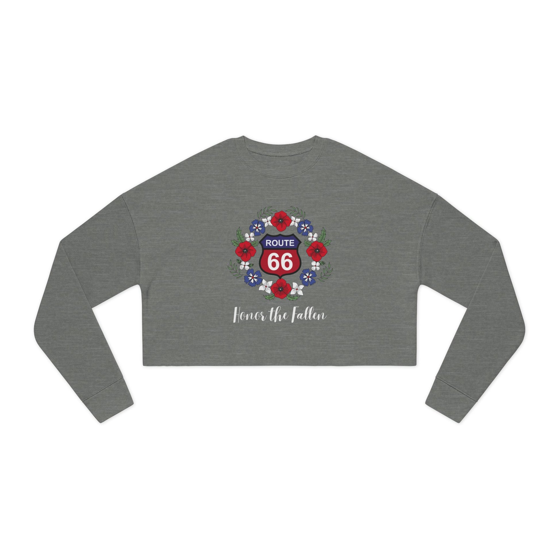 Flat lay of deep heather cropped Route 66 “Honor the Fallen” sweatshirt featuring red-and-blue interstate-styled Route 66 shield surrounded by a poppy wreath and the phrase “Honor the Fallen.”