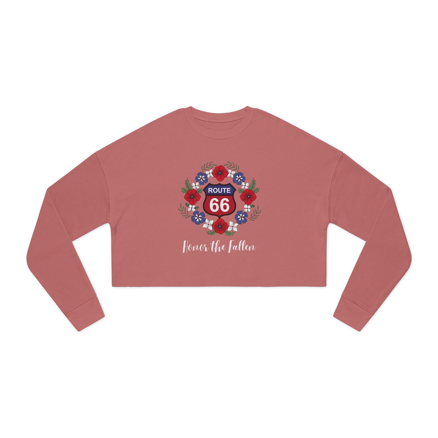 Flat lay of mauve cropped Route 66 "Honor the Fallen" sweatshirt featuring a red-and-blue interstate-highway-styled Route 66 shield.