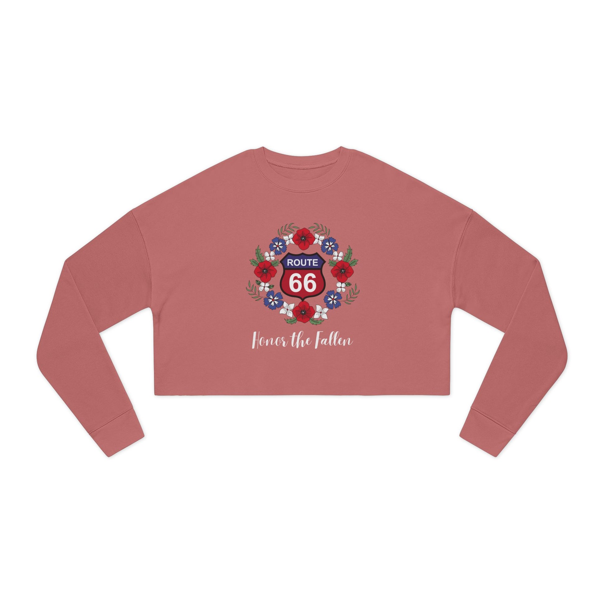 Flat lay of mauve cropped Route 66 "Honor the Fallen" sweatshirt featuring a red-and-blue interstate-highway-styled Route 66 shield.