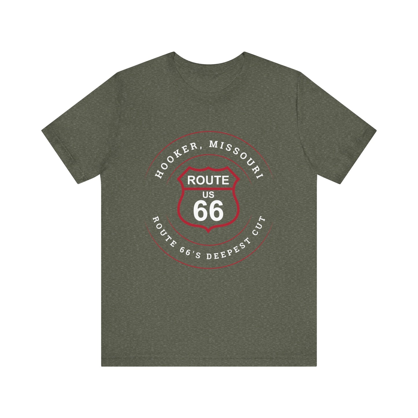 Heather military green retro Route 66 unisex jersey tee with Hooker, MO: "Route 66's Deepest Cut" design