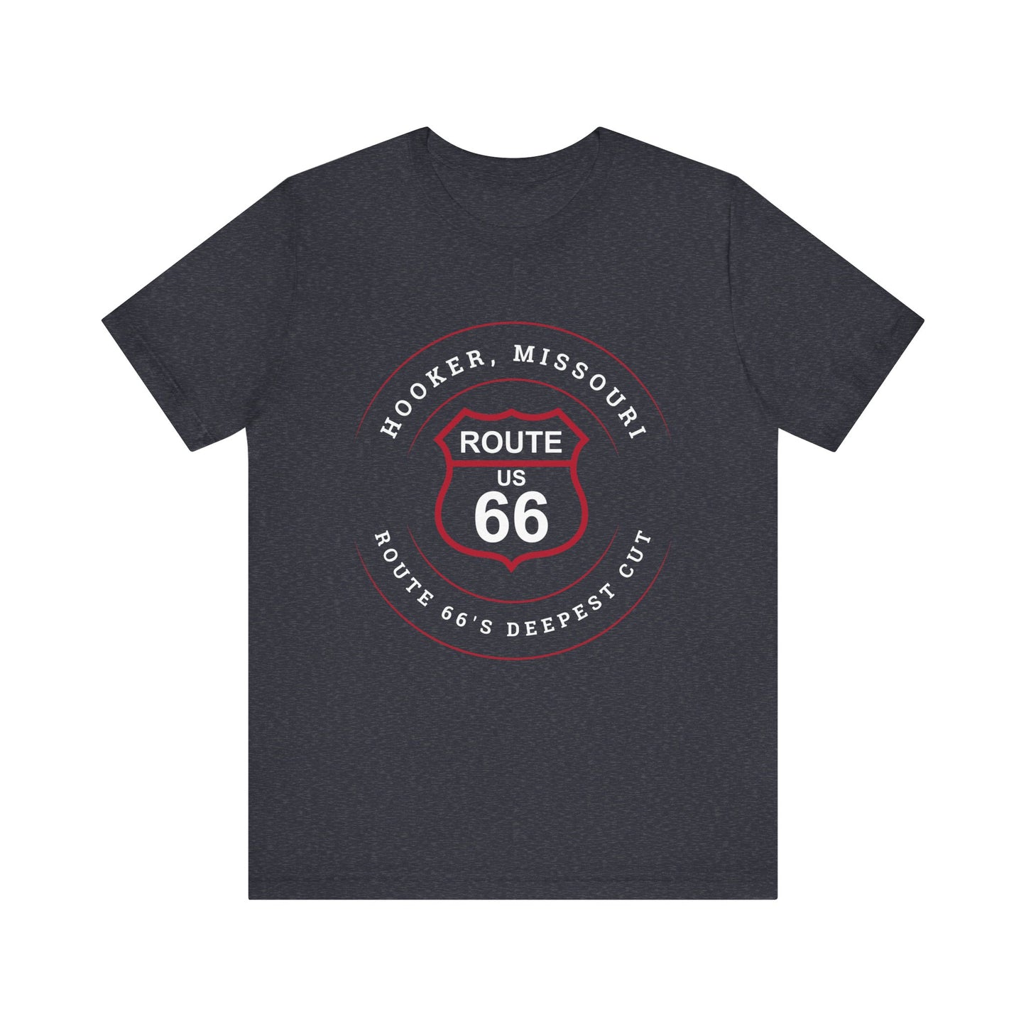 Heather navy retro Route 66 unisex jersey tee with Hooker, MO: "Route 66's Deepest Cut" design