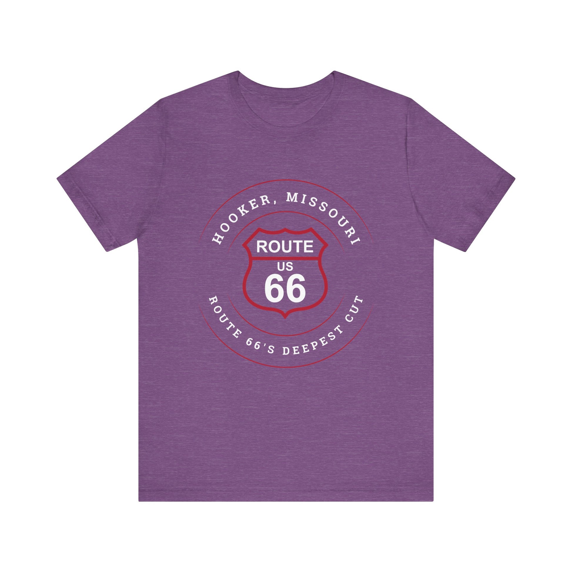 Heather team purple retro Route 66 unisex jersey tee with Hooker, MO: "Route 66's Deepest Cut" design