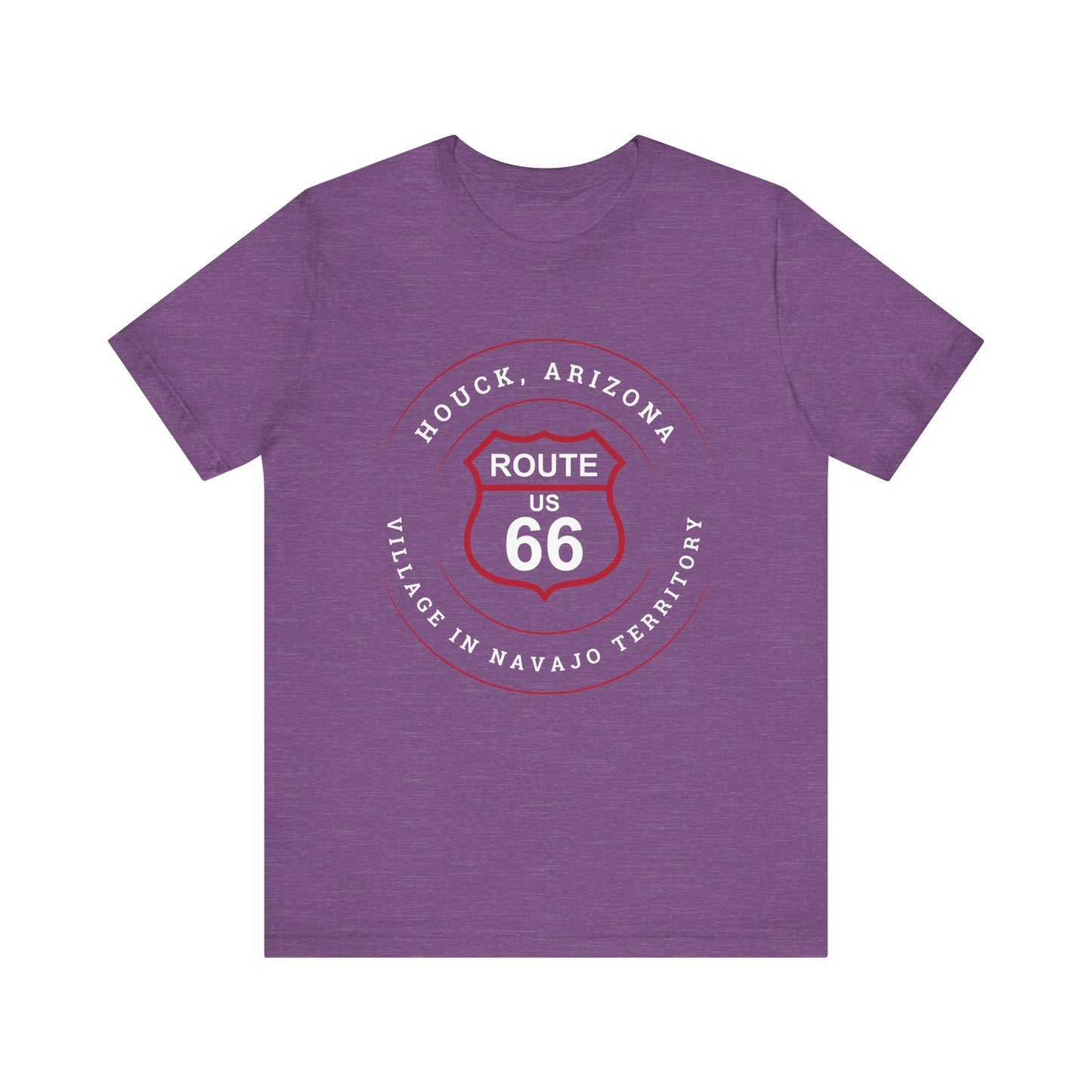 Heather team purple retro Route 66 unisex jersey tee with Houck, AZ: "Village in Navajo Territory" design