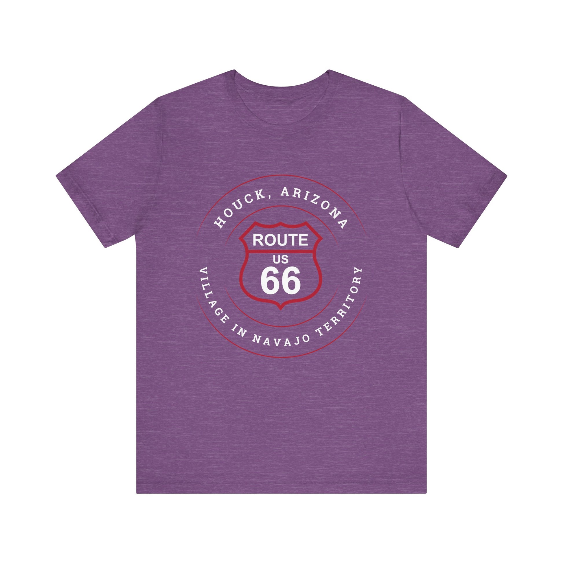 Heather team purple retro Route 66 unisex jersey tee with Houck, AZ: "Village in Navajo Territory" design