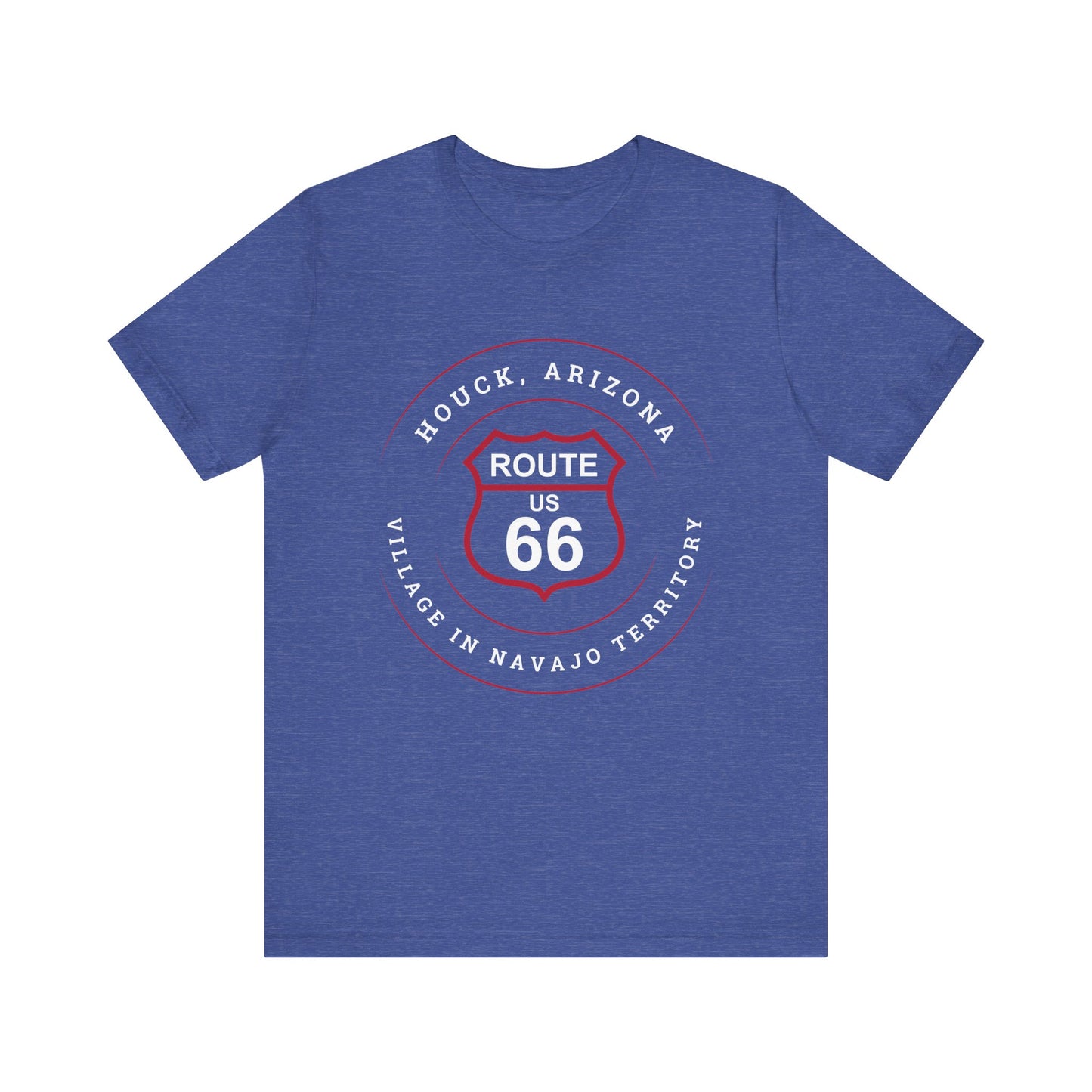 Heather true royal retro Route 66 unisex jersey tee with Houck, AZ: "Village in Navajo Territory" design