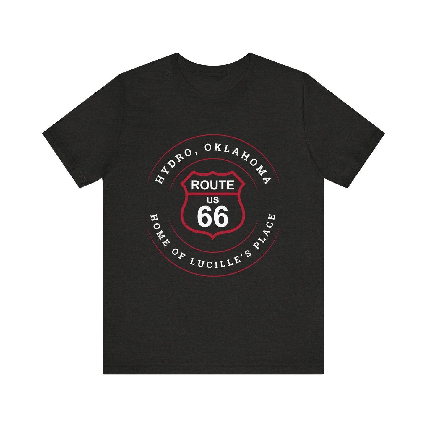 Black heather retro Route 66 unisex jersey tee with Hydro, OK "Home of Lucille's Place" design