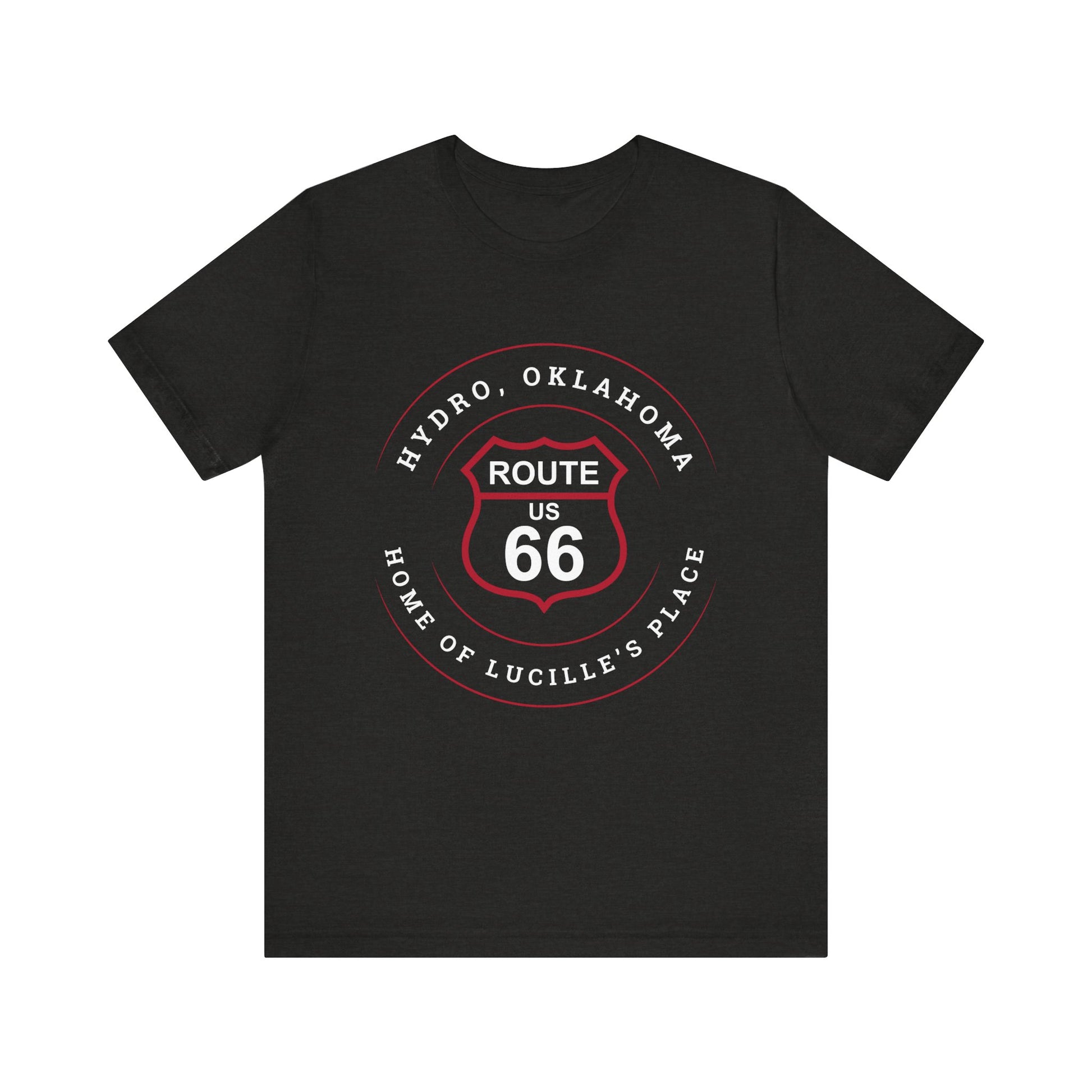 Black heather retro Route 66 unisex jersey tee with Hydro, OK "Home of Lucille's Place" design