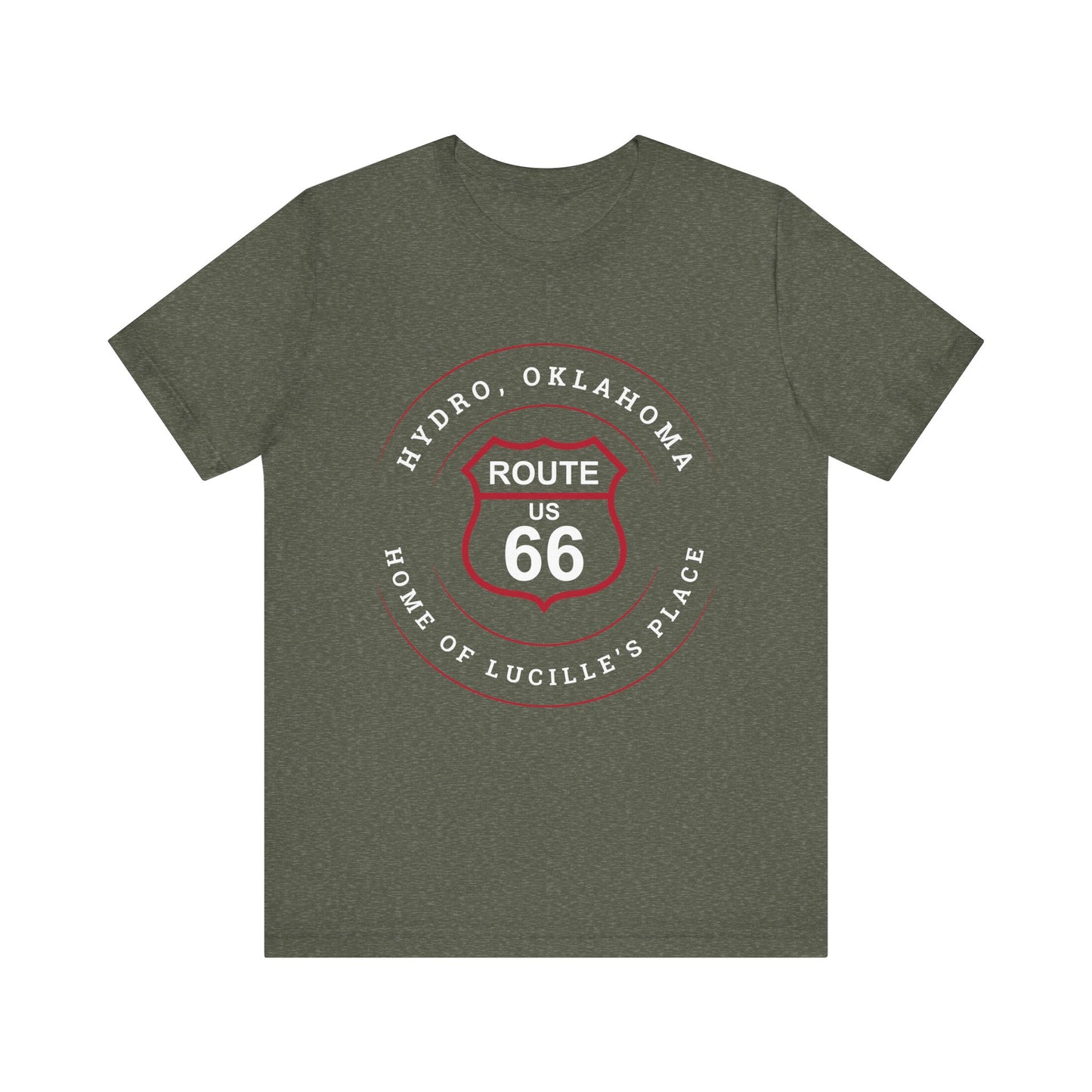 Heather military green retro Route 66 unisex jersey tee with Hydro, OK "Home of Lucille's Place" design