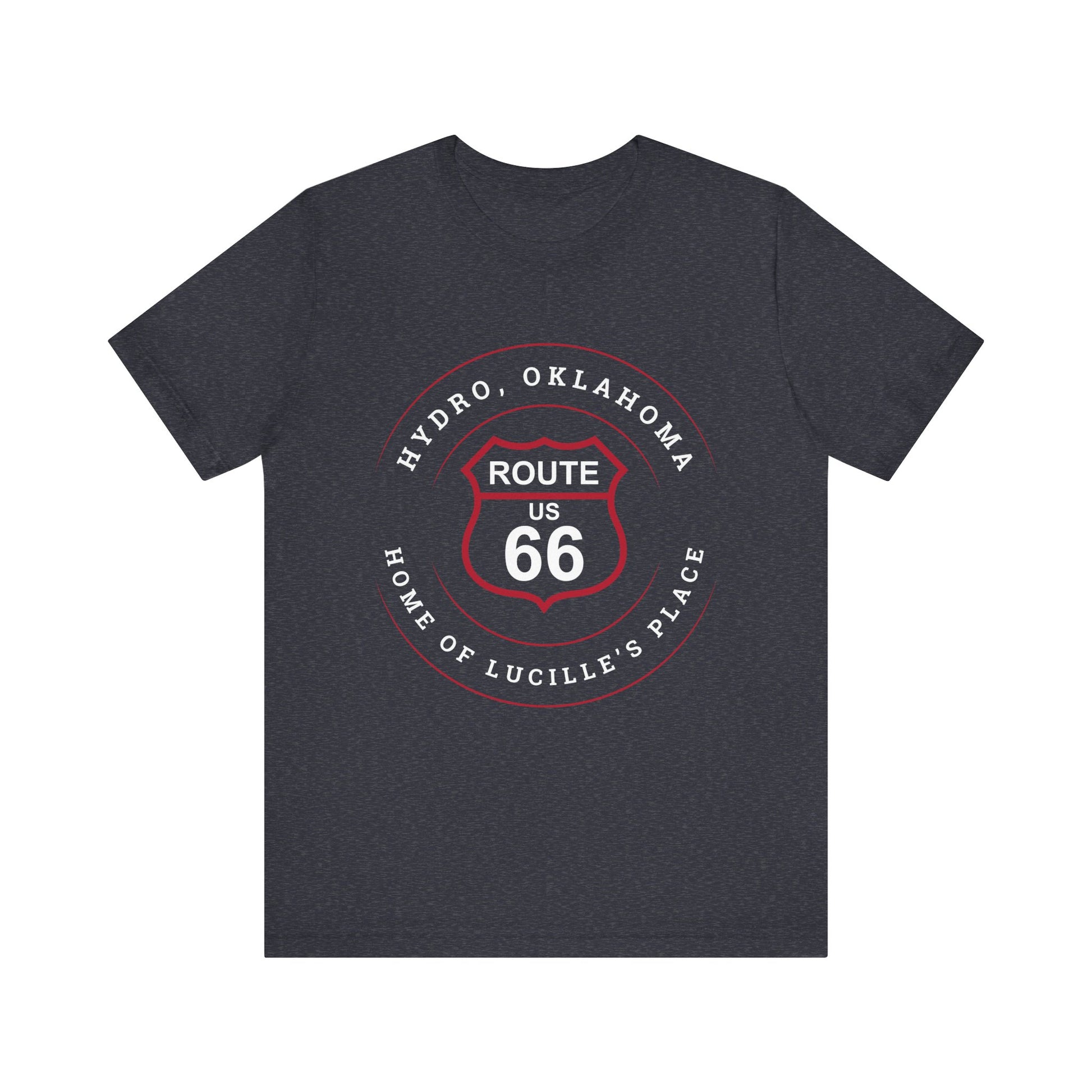 Heather navy retro Route 66 unisex jersey tee with Hydro, OK "Home of Lucille's Place" design