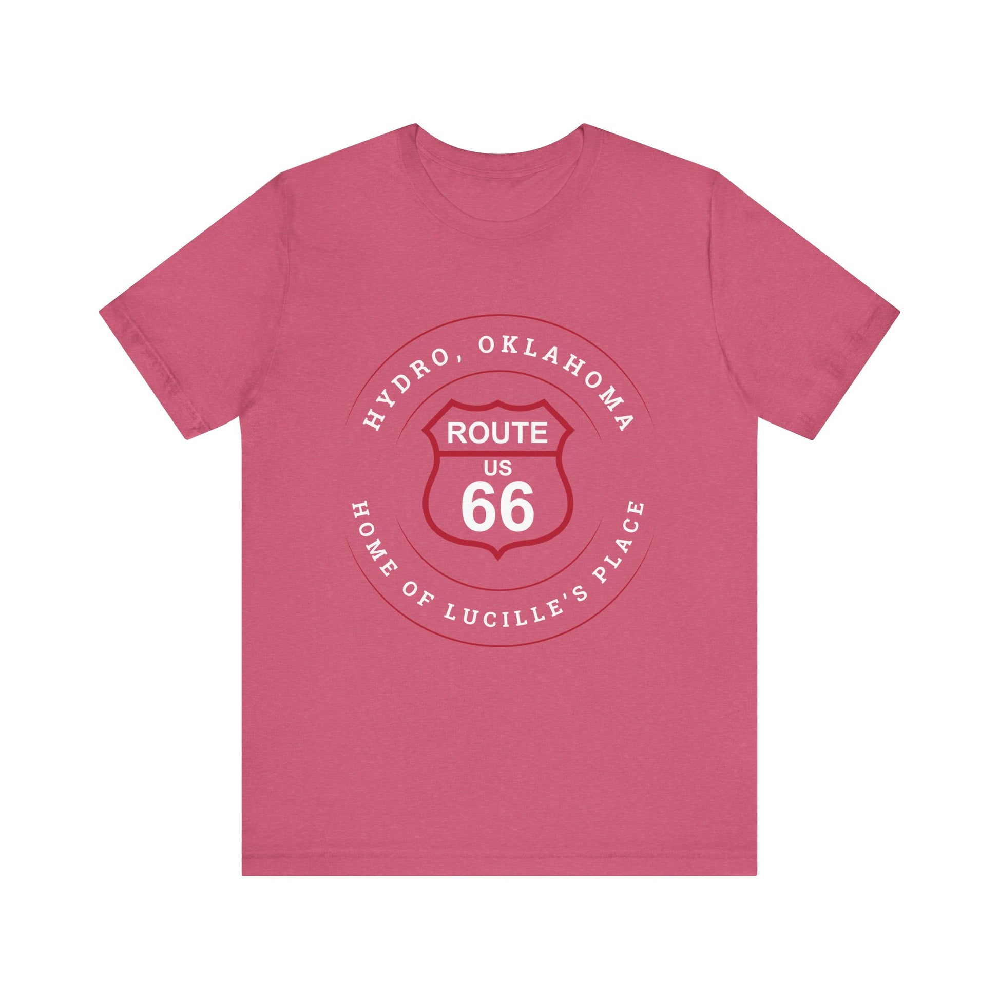 Heather raspberry retro Route 66 unisex jersey tee with Hydro, OK "Home of Lucille's Place" design