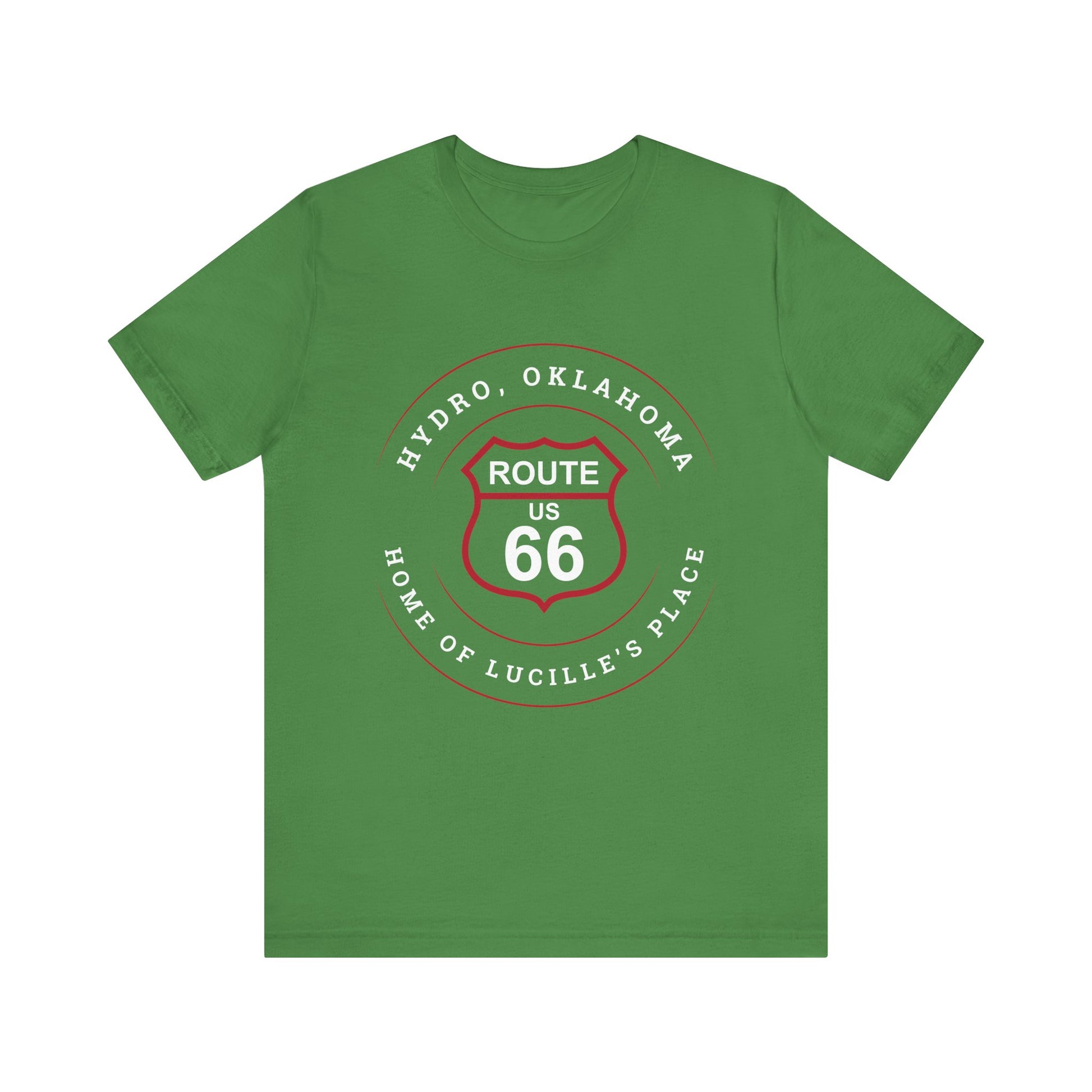Leaf retro Route 66 unisex jersey tee with Hydro, OK "Home of Lucille's Place" design