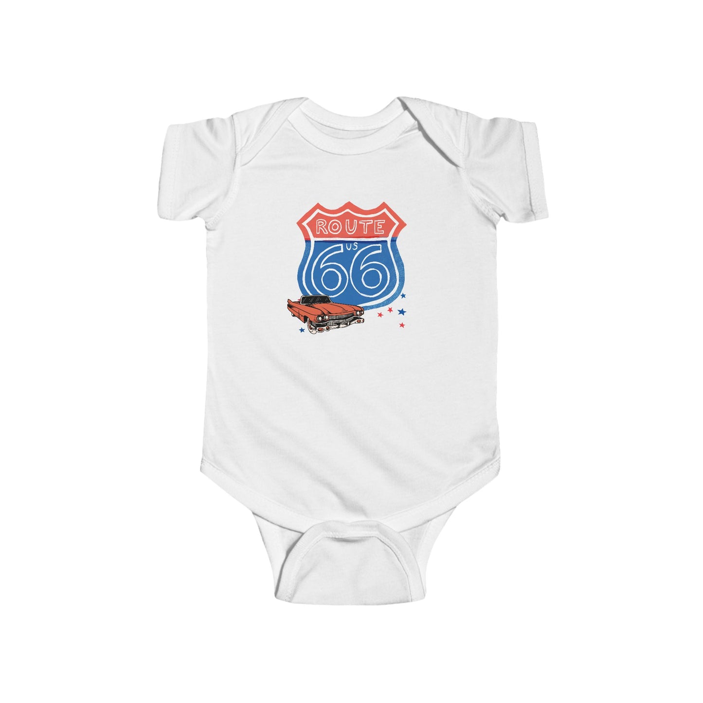 Route 66 infant bodysuit featuring a red convertible and retro highway shield - soft 100% cotton onesie for newborns, toddlers and as baby shower gifts.