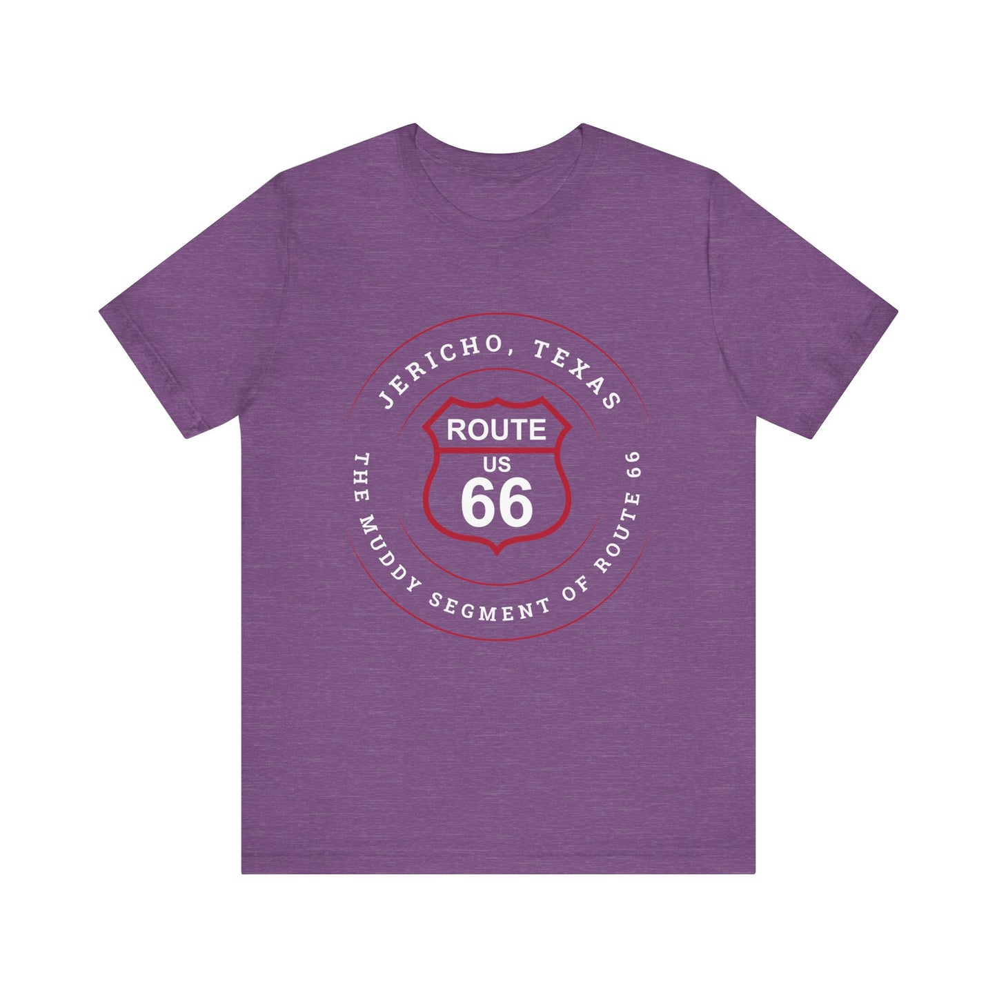 Heather team purple retro Route 66 unisex jersey tee with Jericho, TX: The Muddy Segment of Route 66 graphic