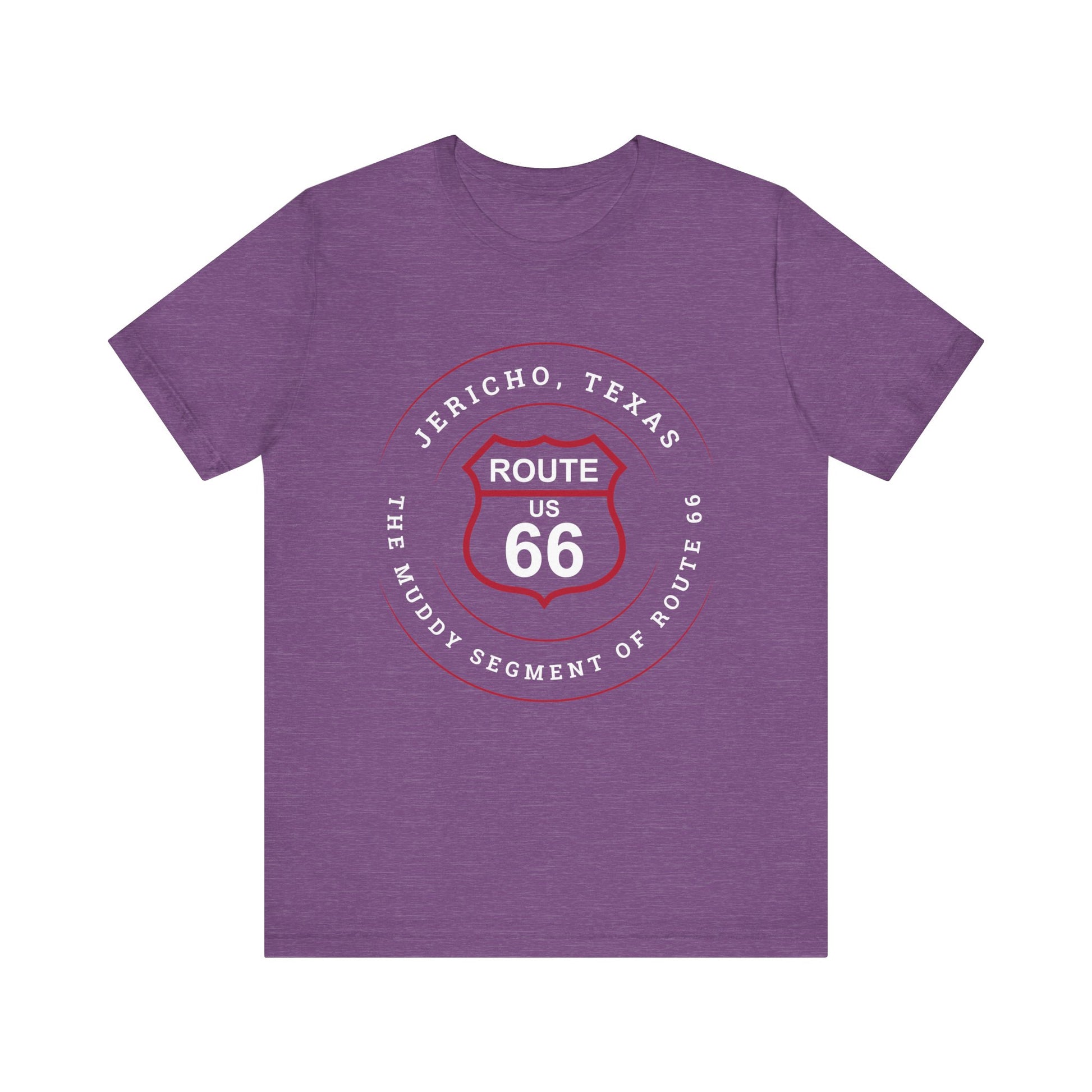 Heather team purple retro Route 66 unisex jersey tee with Jericho, TX: The Muddy Segment of Route 66 graphic