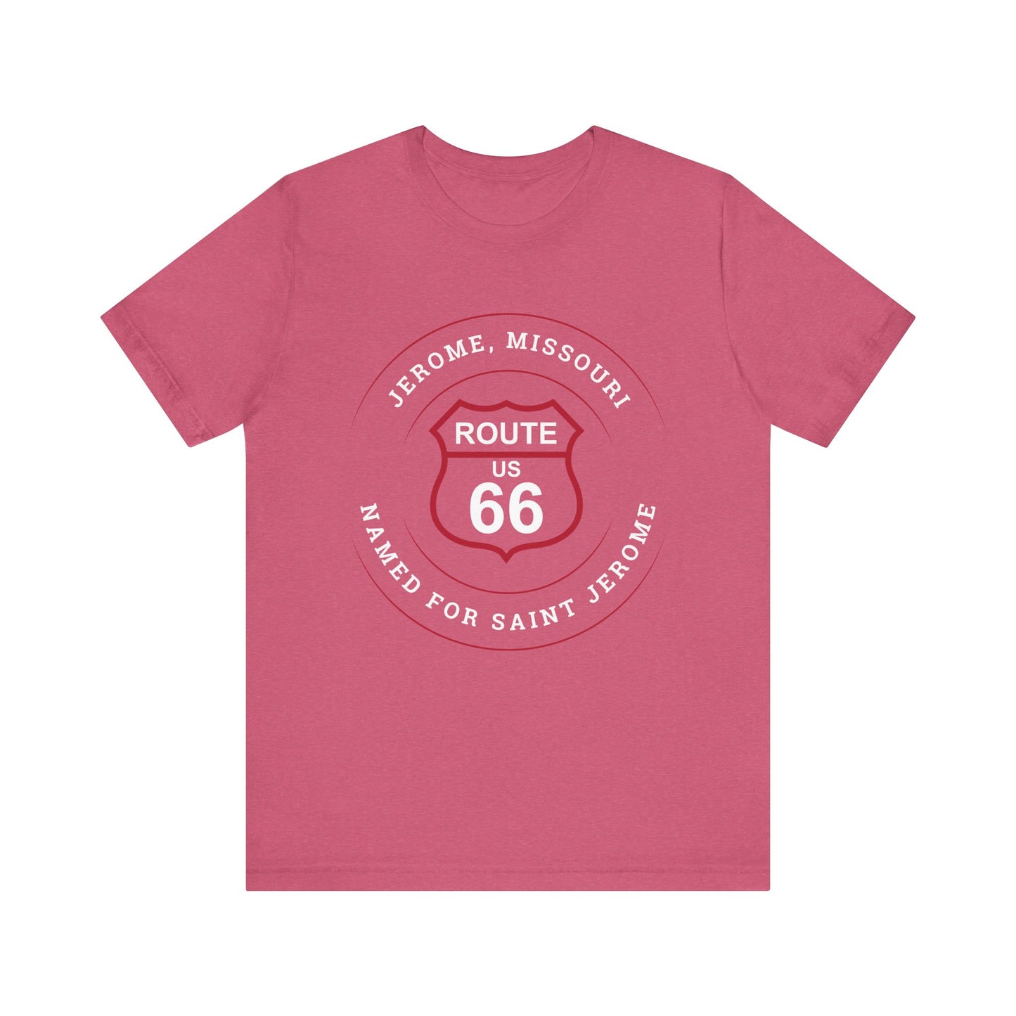 Heather raspberry retro Route 66 unisex jersey tee with Jerome, MO: "Named for Saint John" design