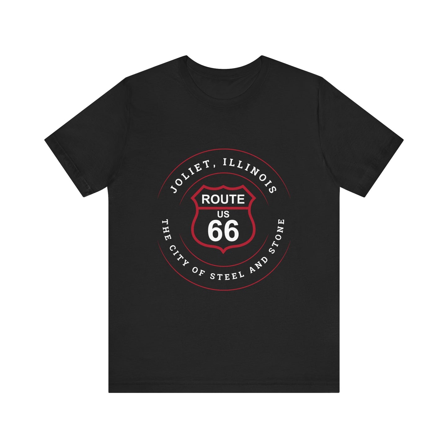 Black retro Route 66 unisex jersey tee with Joliet, IL: "The City of Steel and Stone" design