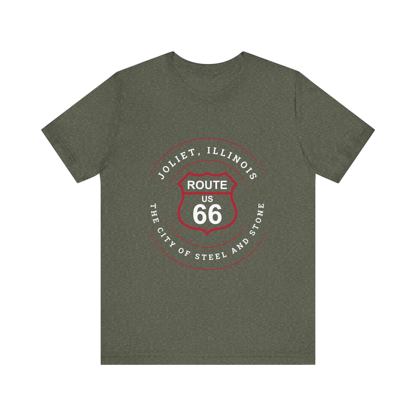 Heather military green retro Route 66 unisex jersey tee with Joliet, IL: "The City of Steel and Stone" design