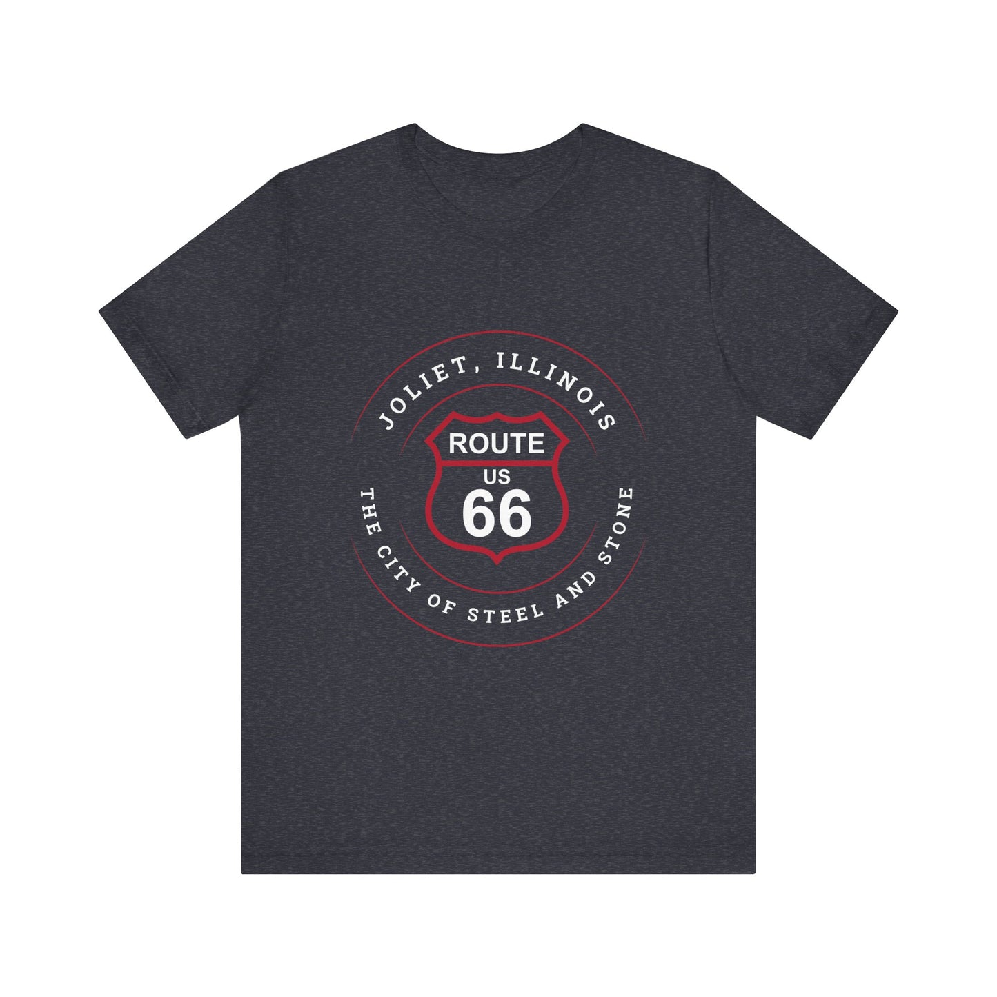 Heather navy retro Route 66 unisex jersey tee with Joliet, IL: "The City of Steel and Stone" design