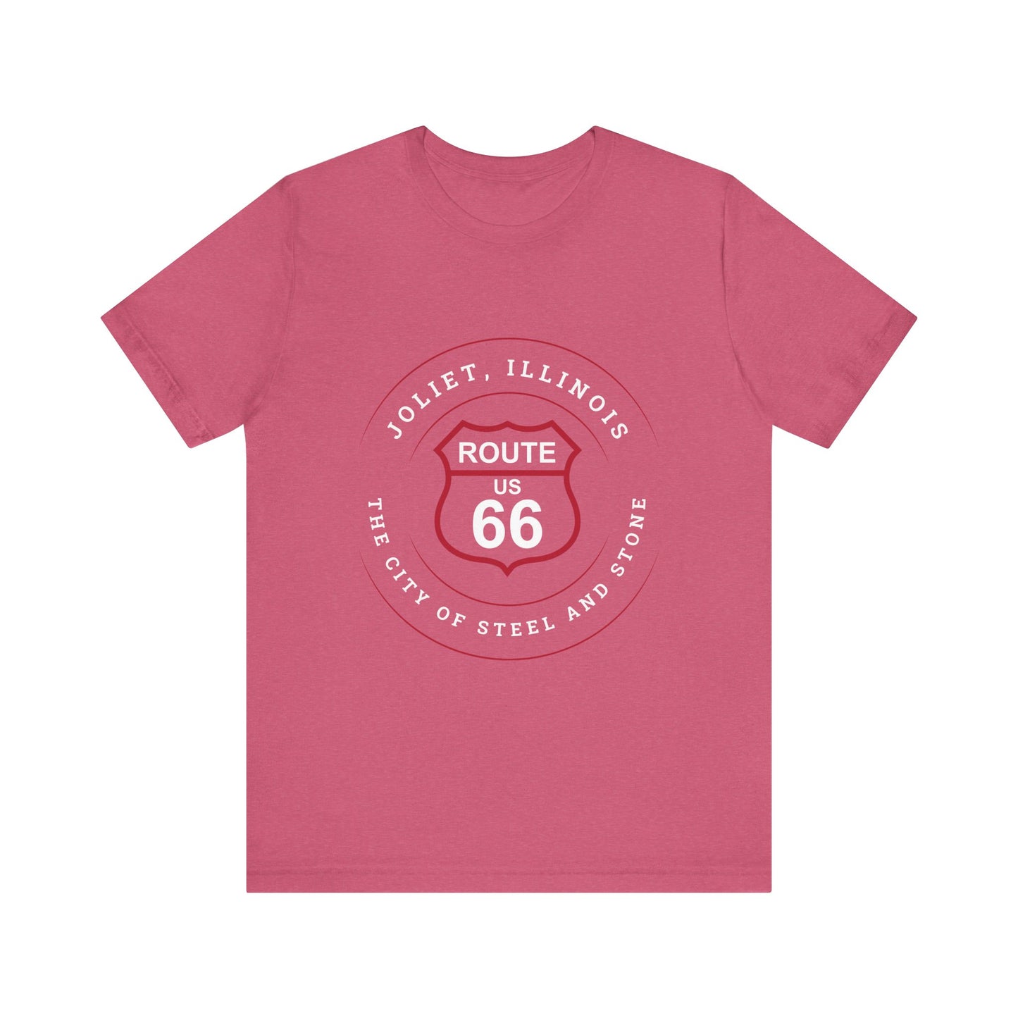 Heather raspberry retro Route 66 unisex jersey tee with Joliet, IL: "The City of Steel and Stone" design