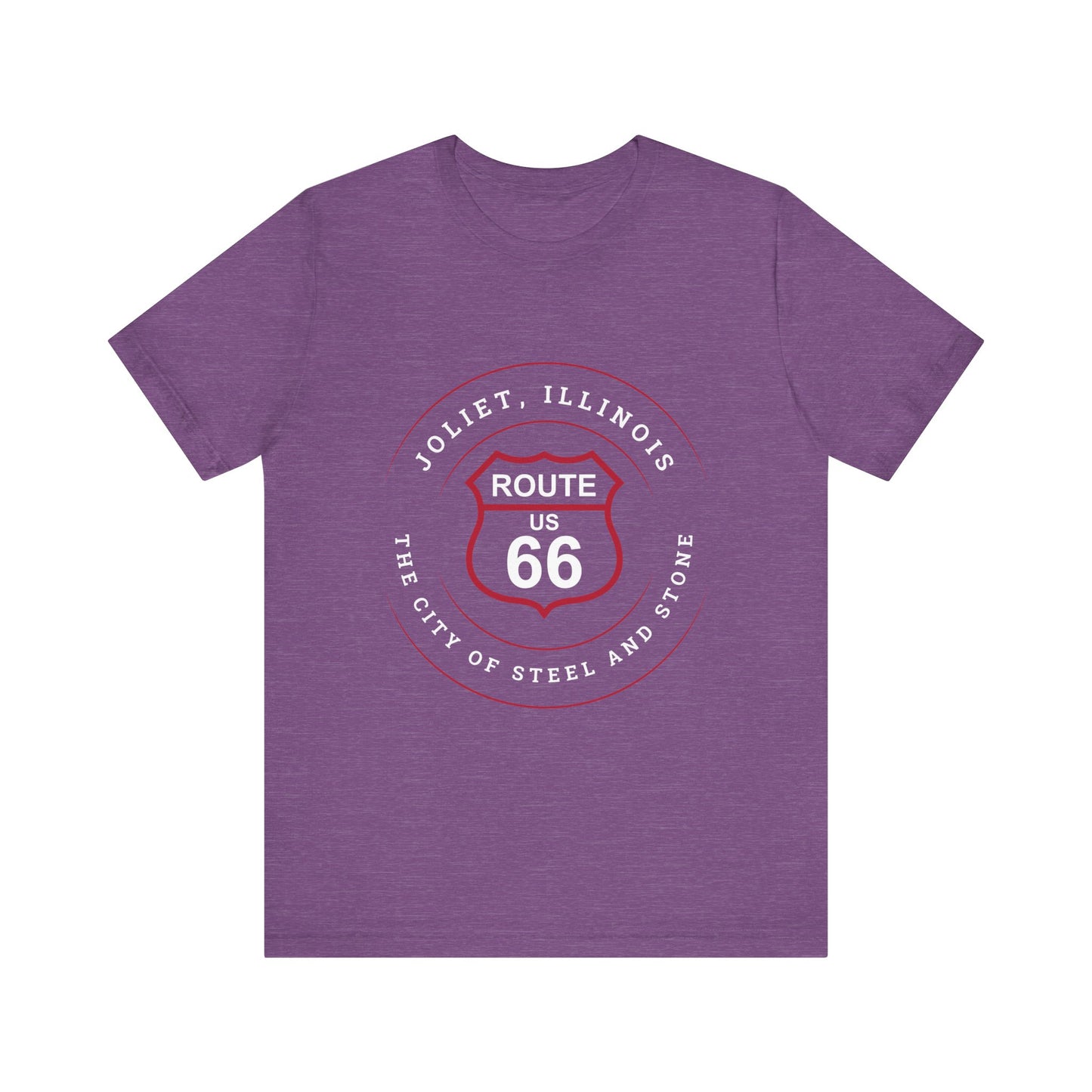 Heather team purple retro Route 66 unisex jersey tee with Joliet, IL: "The City of Steel and Stone" design