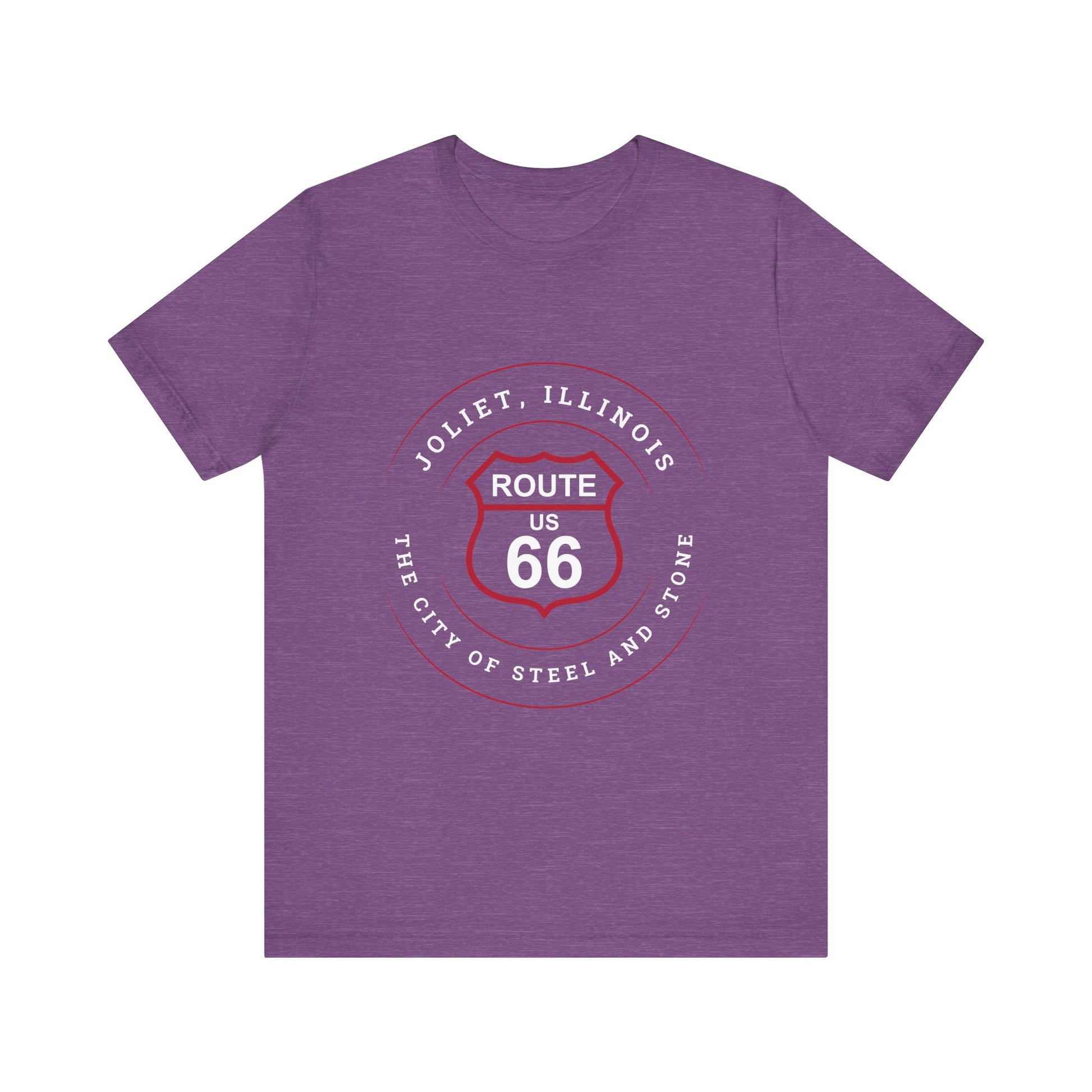 Heather team purple retro Route 66 unisex jersey tee with Joliet, IL: "The City of Steel and Stone" design