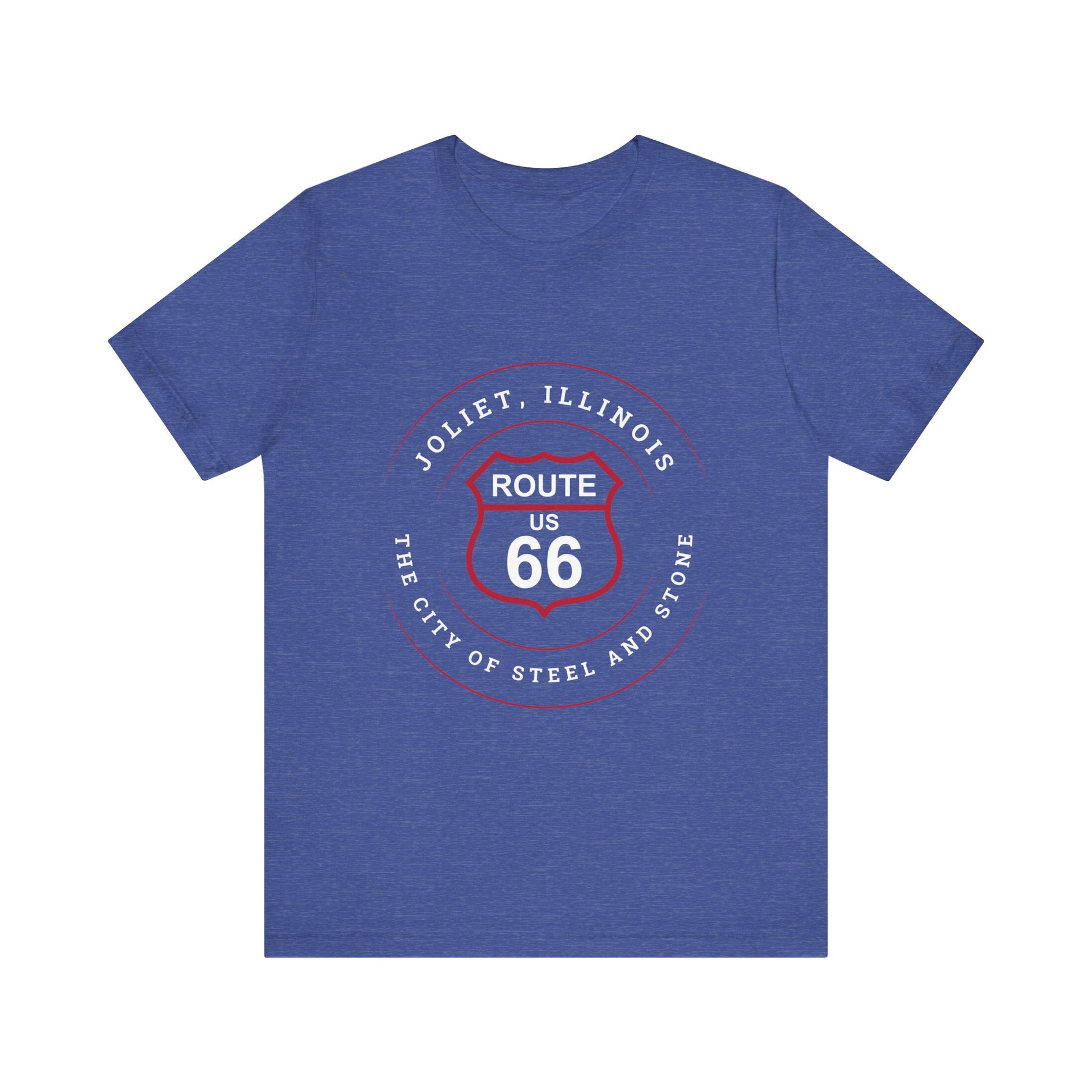 Heather true royal retro Route 66 unisex jersey tee with Joliet, IL: "The City of Steel and Stone" design