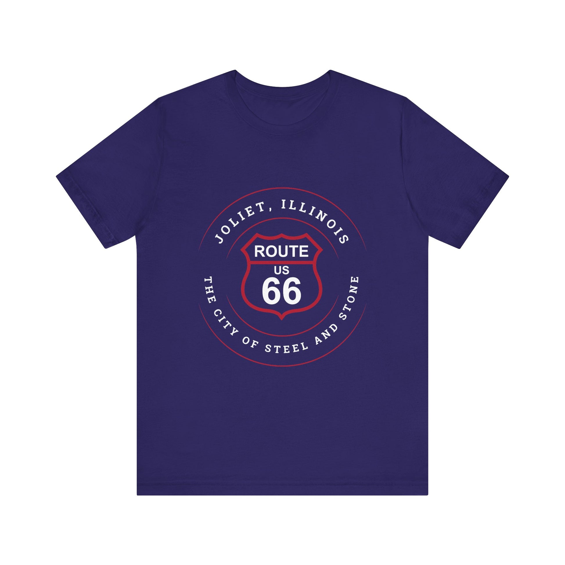 Team navy retro Route 66 unisex jersey tee with Joliet, IL: "The City of Steel and Stone" design