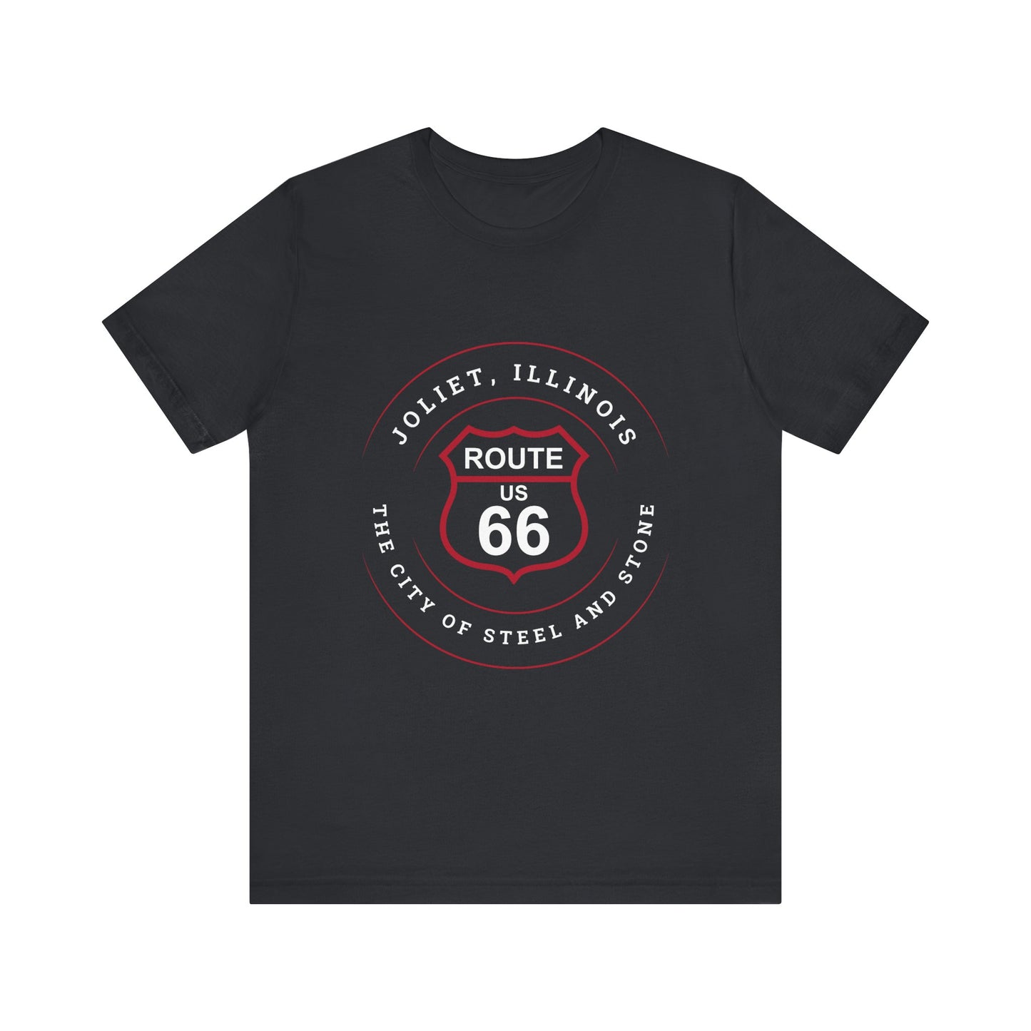 Vintage black retro Route 66 unisex jersey tee with Joliet, IL: "The City of Steel and Stone" design