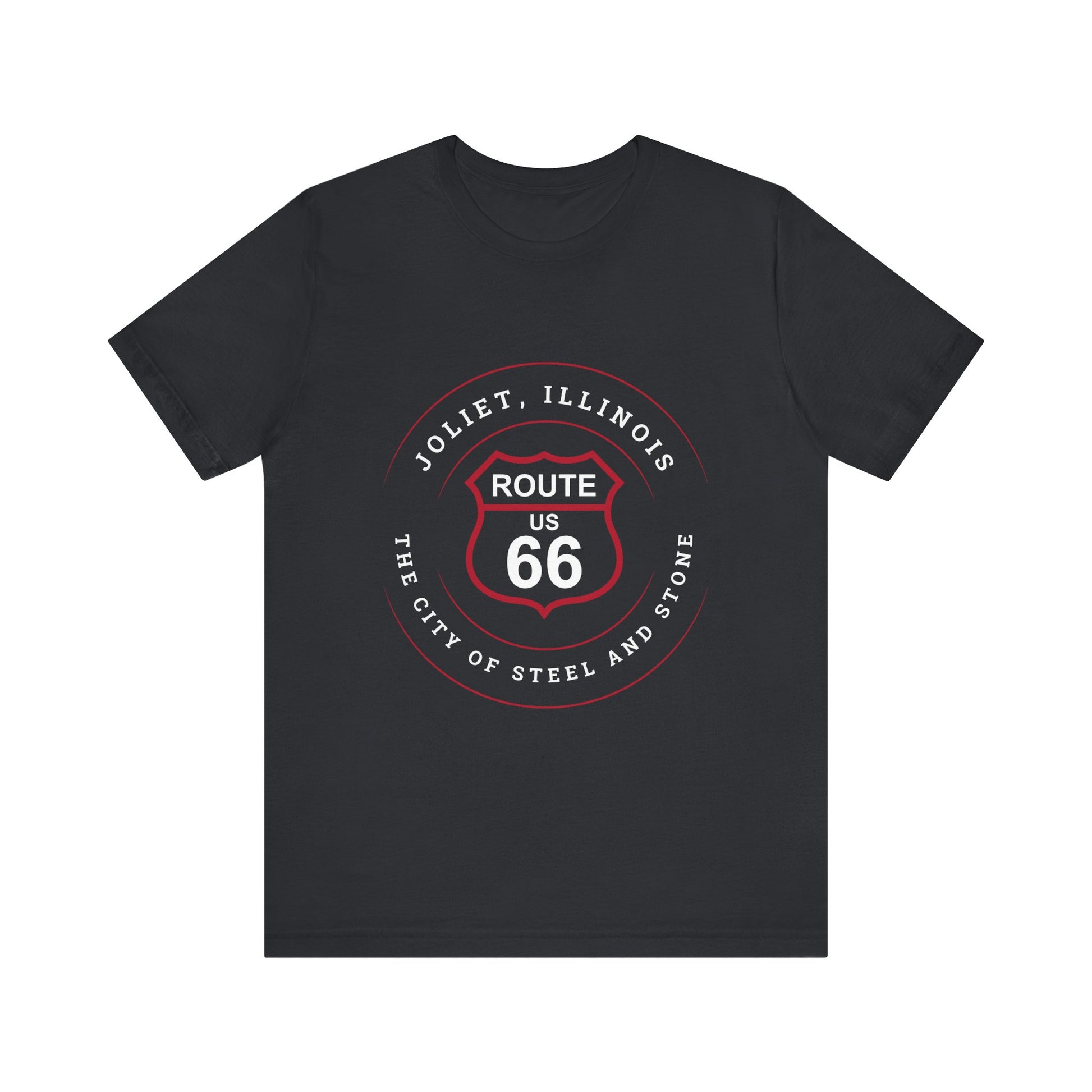 Vintage black retro Route 66 unisex jersey tee with Joliet, IL: "The City of Steel and Stone" design