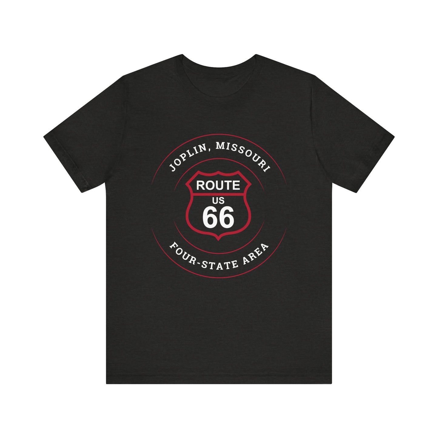 Black heather retro Route 66 unisex jersey tee with Joplin, MO "Four-State Area" design