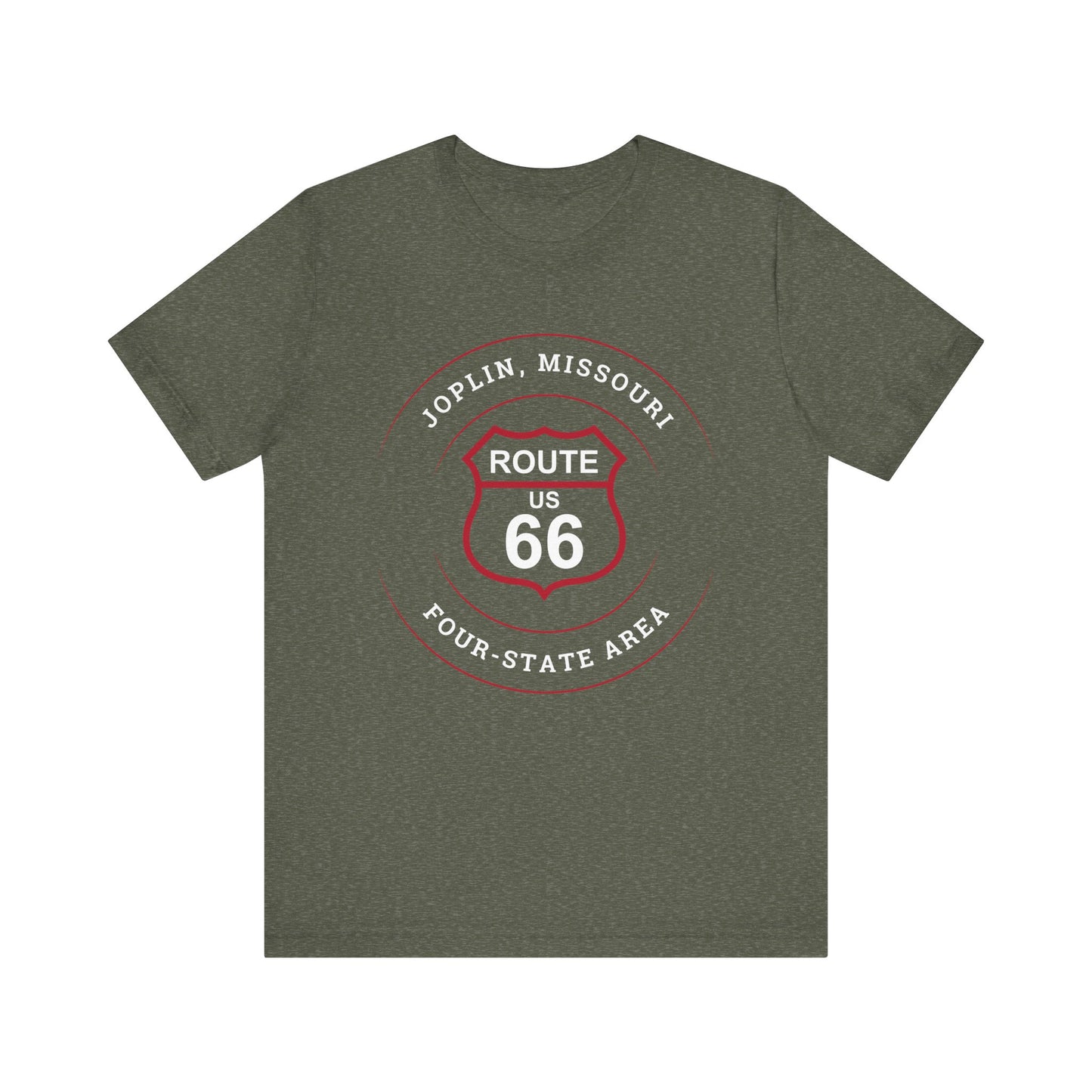 Heather military green retro Route 66 unisex jersey tee with Joplin, MO "Four-State Area" design
