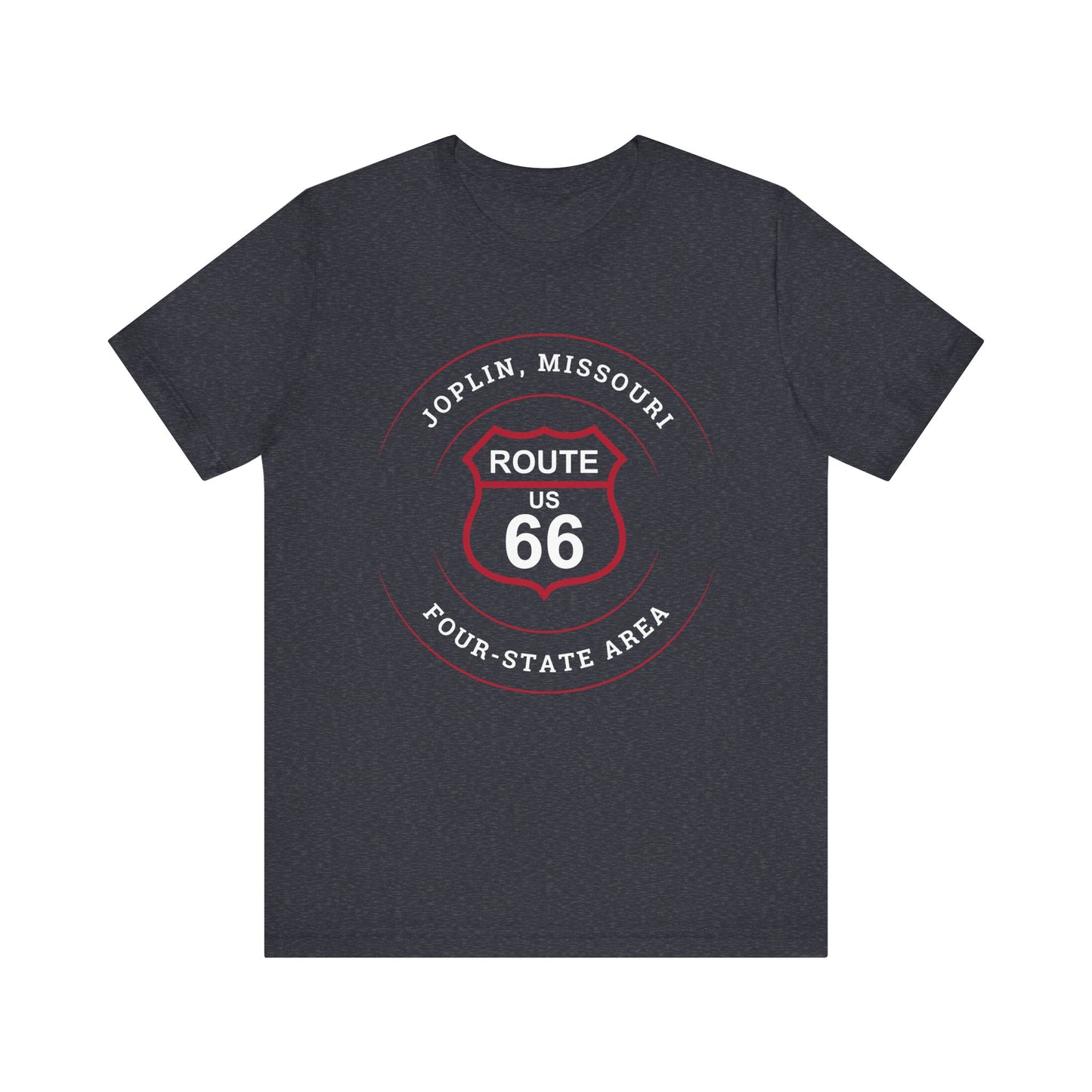 Heather navy retro Route 66 unisex jersey tee with Joplin, MO "Four-State Area" design