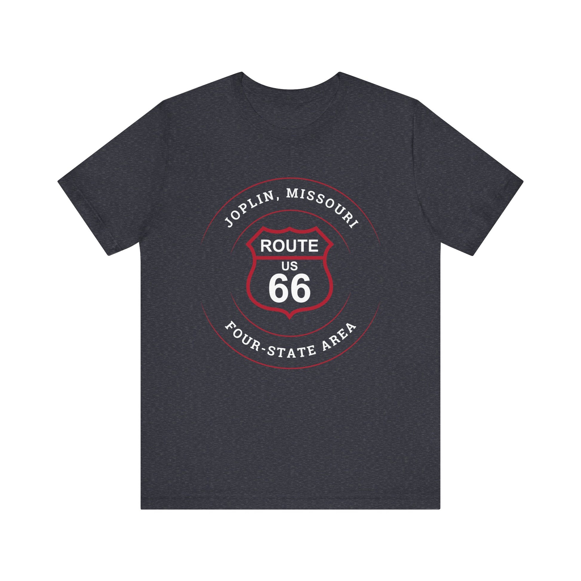Heather navy retro Route 66 unisex jersey tee with Joplin, MO "Four-State Area" design
