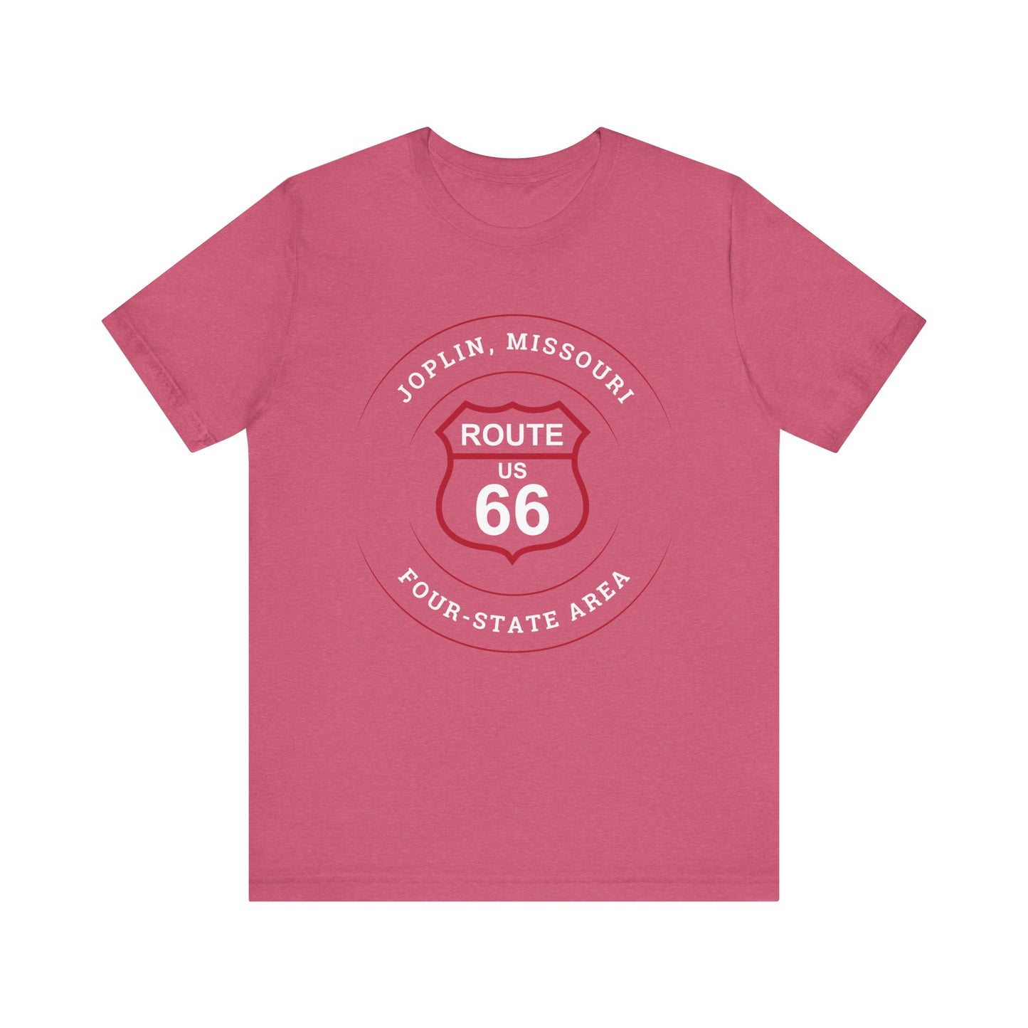 Heather raspberry retro Route 66 unisex jersey tee with Joplin, MO "Four-State Area" design