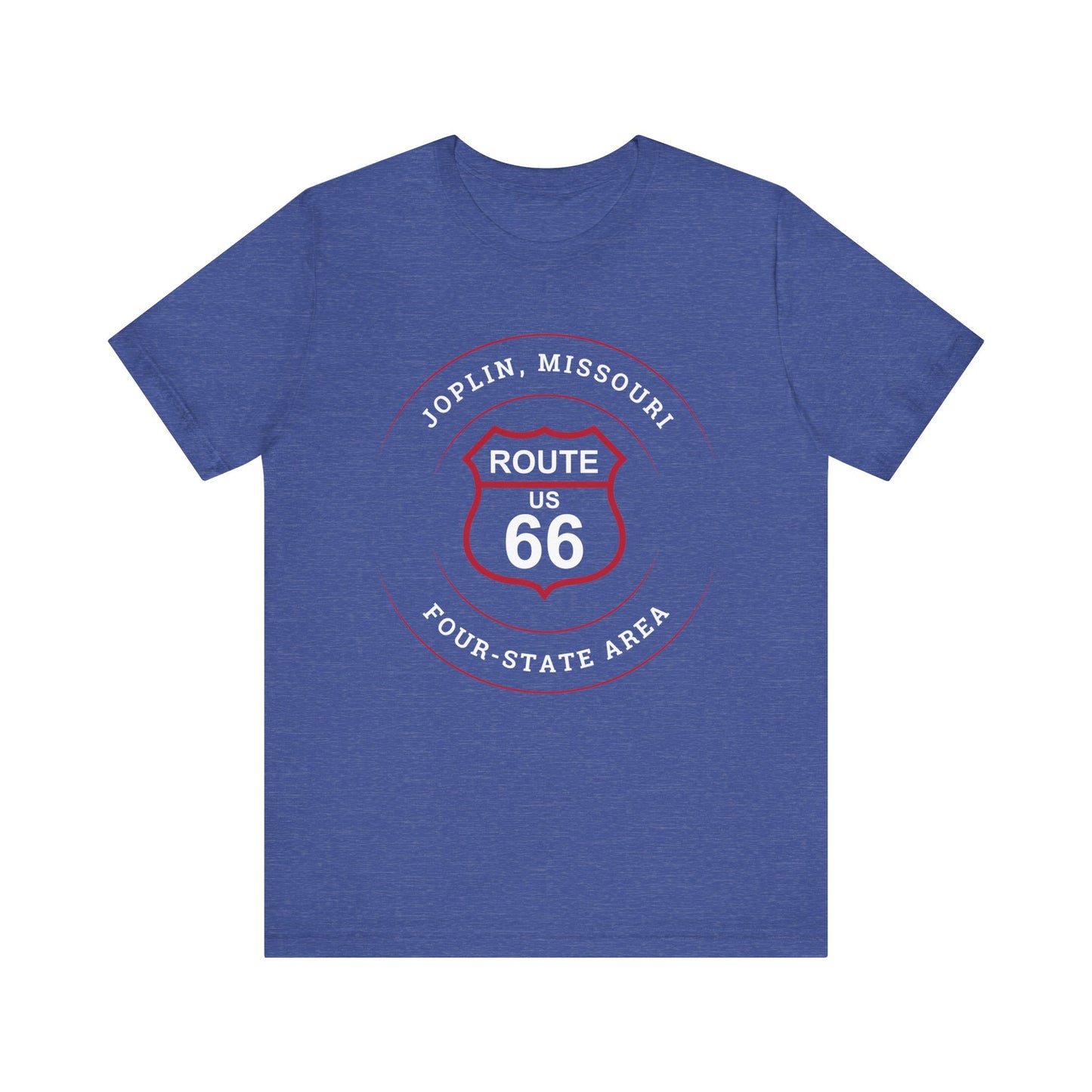 Heather true royal retro Route 66 unisex jersey tee with Joplin, MO "Four-State Area" design