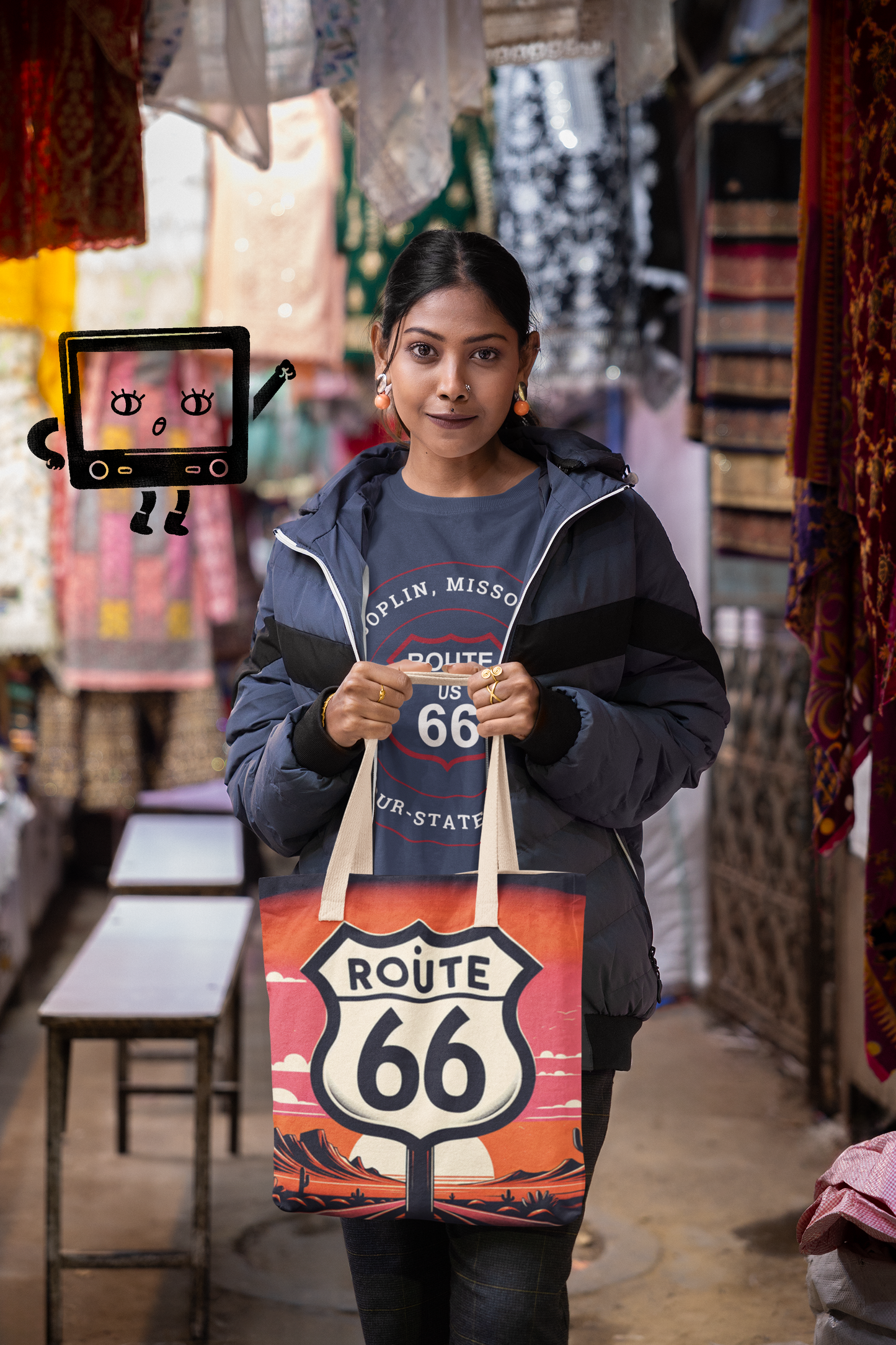 Female model wearing a heather true royal  retro Route 66 unisex jersey tee with Joplin, MO "Four-State Area" design and carrying a Route 66 tote bag with a desert scene in the background