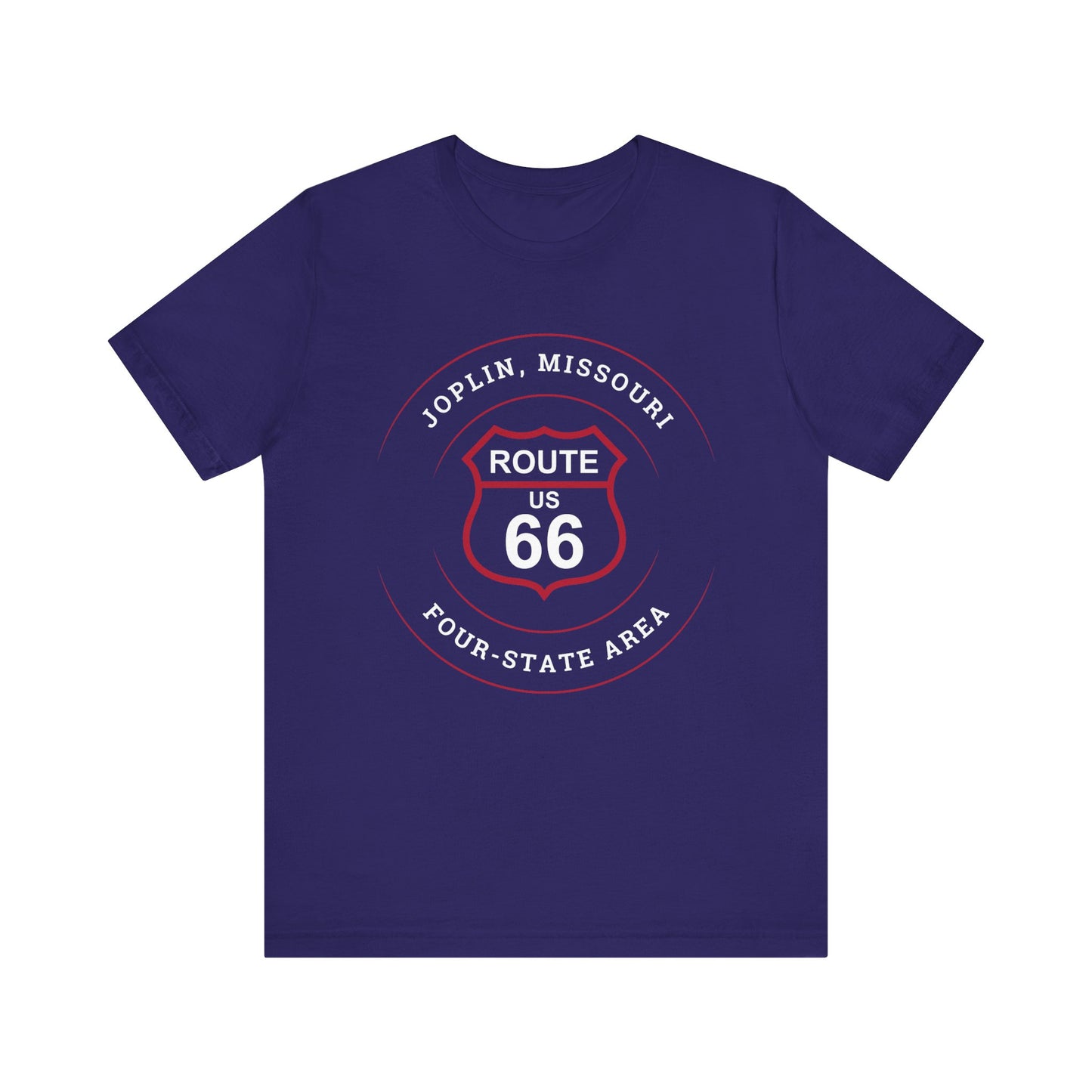 Team navy retro Route 66 unisex jersey tee with Joplin, MO "Four-State Area" design