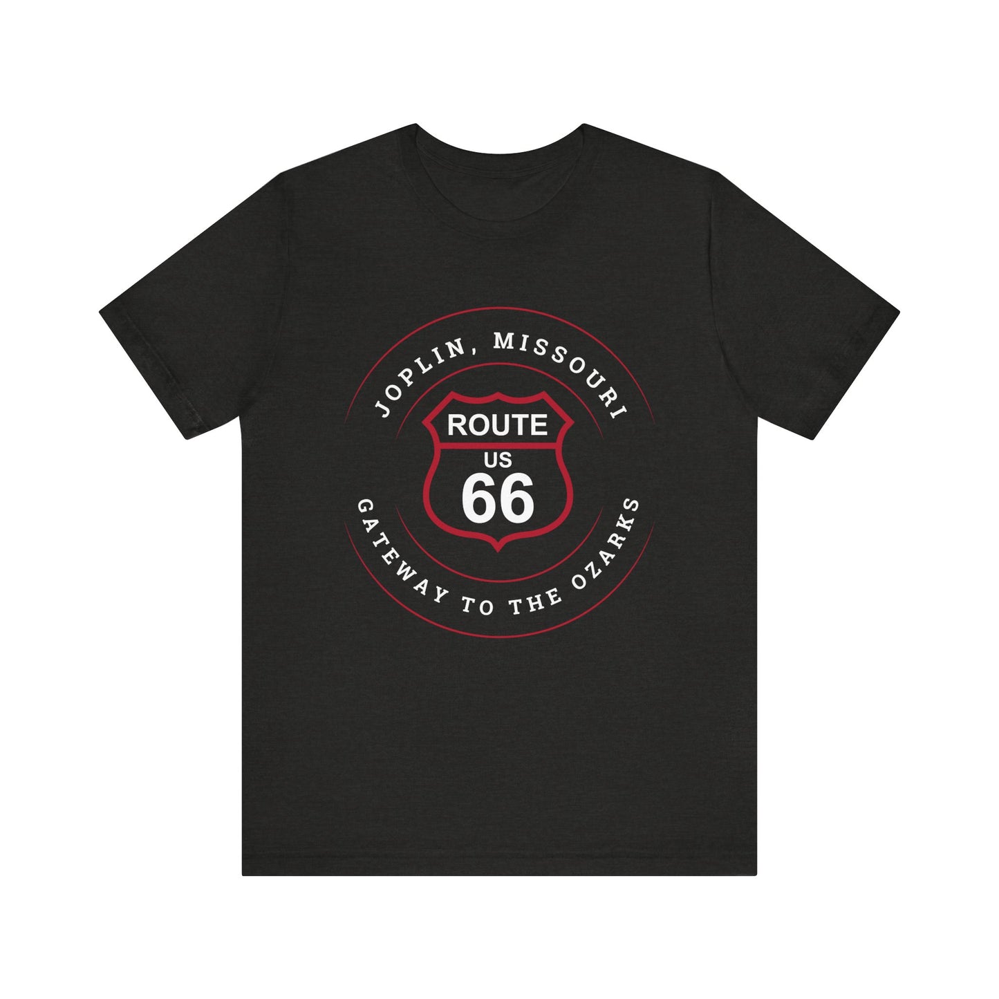 Black heather retro Route 66 unisex jersey tee with Joplin, MO "Gateway to the Ozarks" design