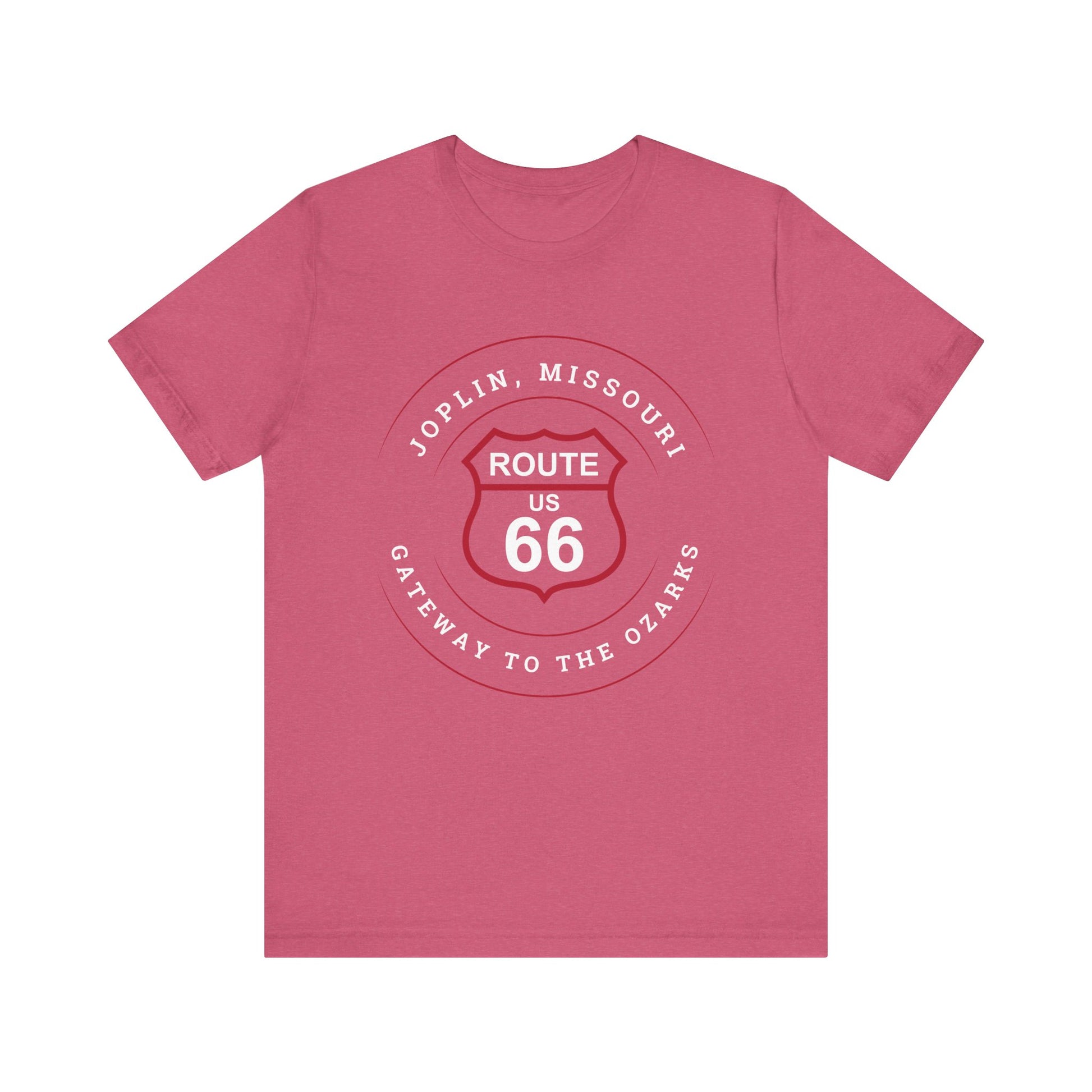 Heather raspberry retro Route 66 unisex jersey tee with Joplin, MO "Gateway to the Ozarks" design