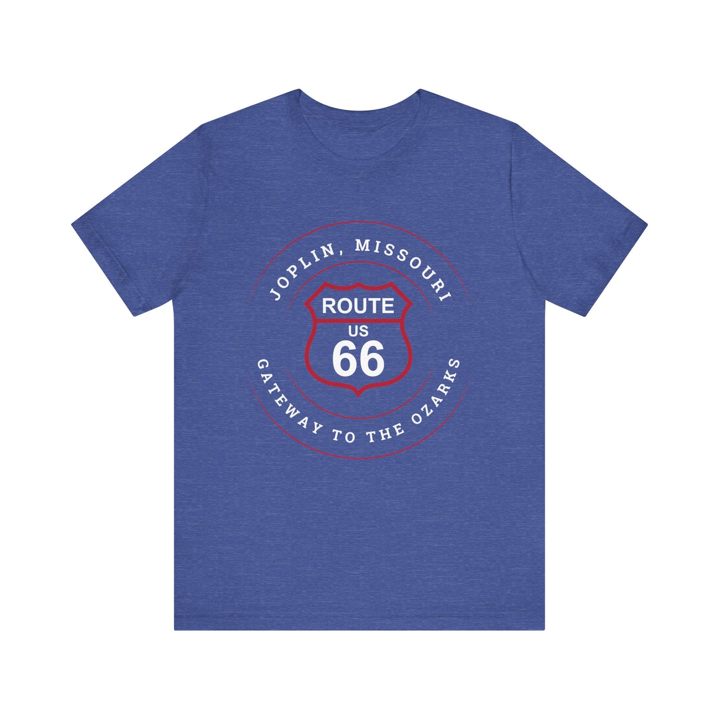 Heather true royal retro Route 66 unisex jersey tee with Joplin, MO "Gateway to the Ozarks" design