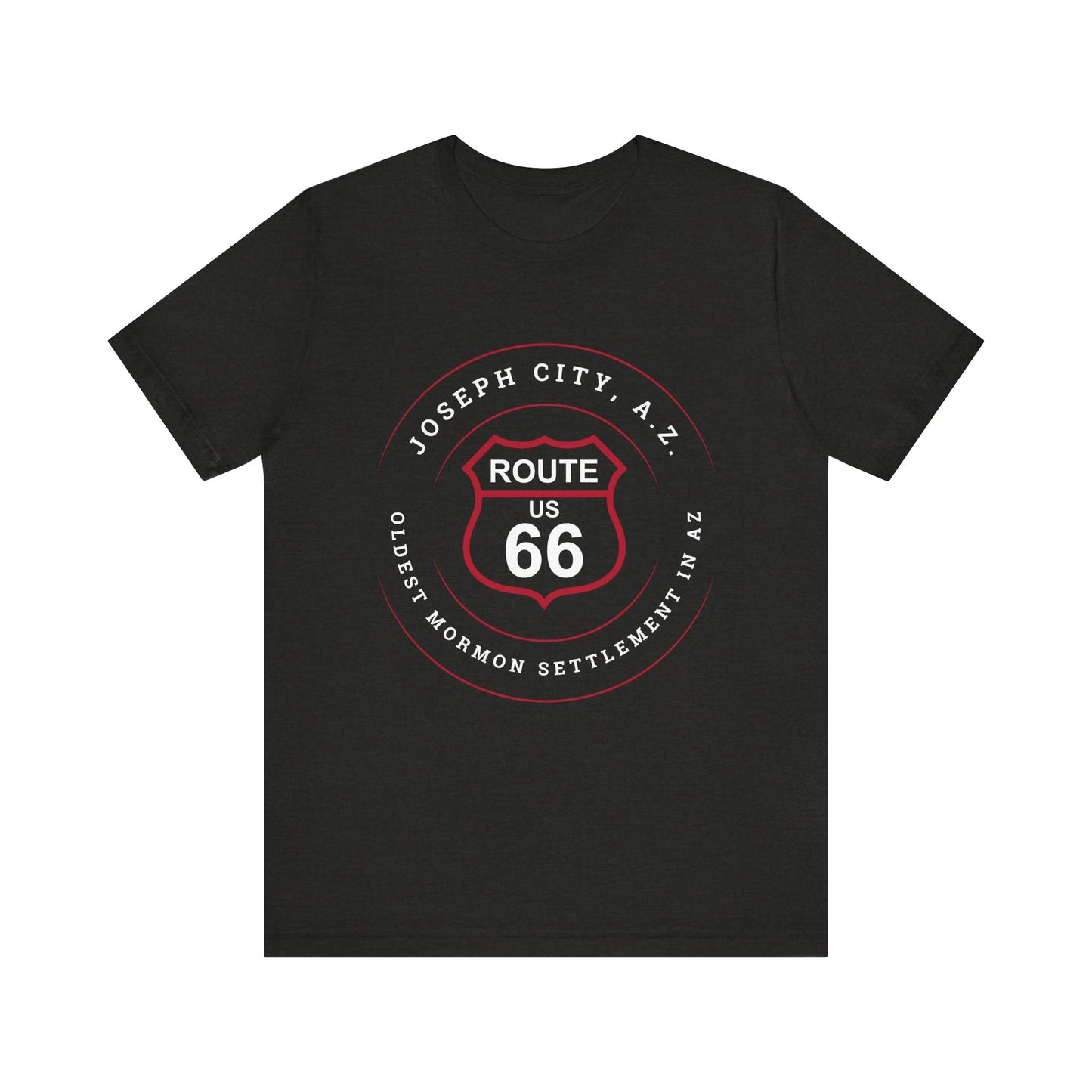 Black heather retro Route 66 unisex jersey tee with Joseph City, AZ: "Oldest Mormon Settlement in AZ" design