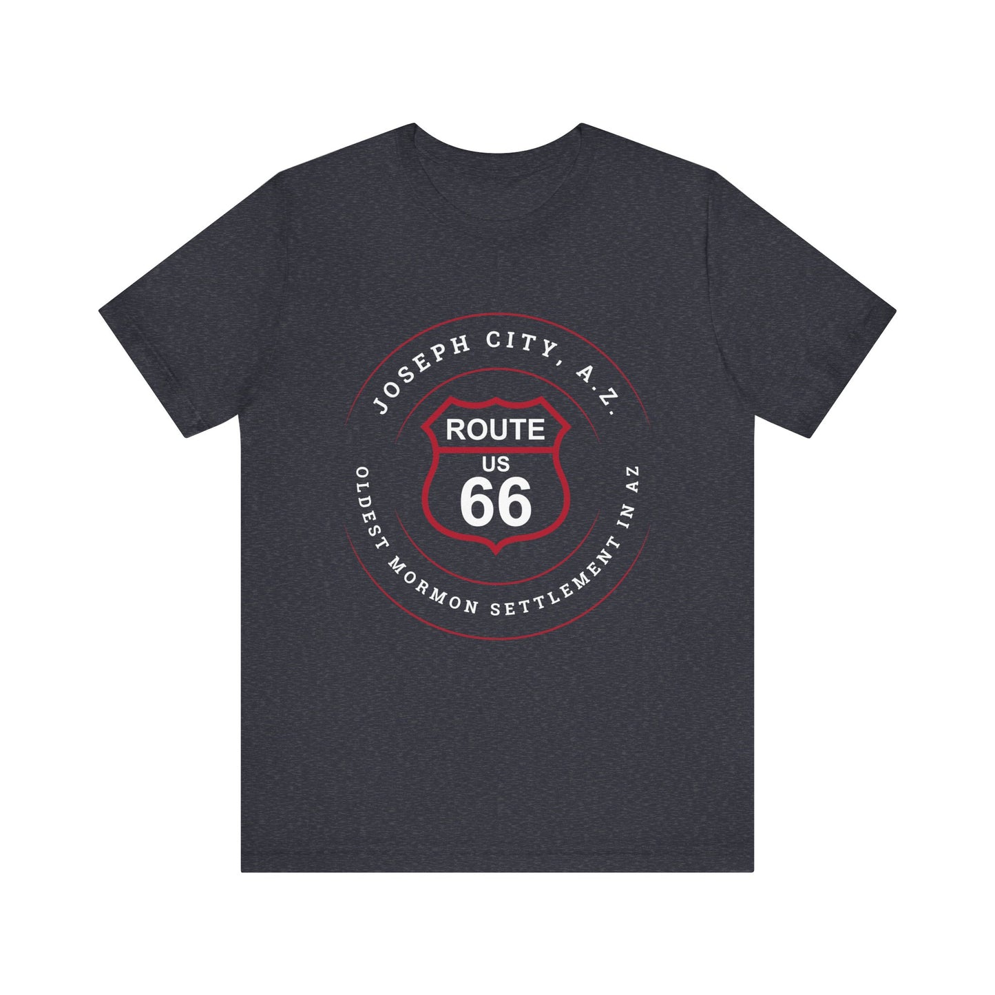 Heather navy retro Route 66 unisex jersey tee with Joseph City, AZ: "Oldest Mormon Settlement in AZ" design