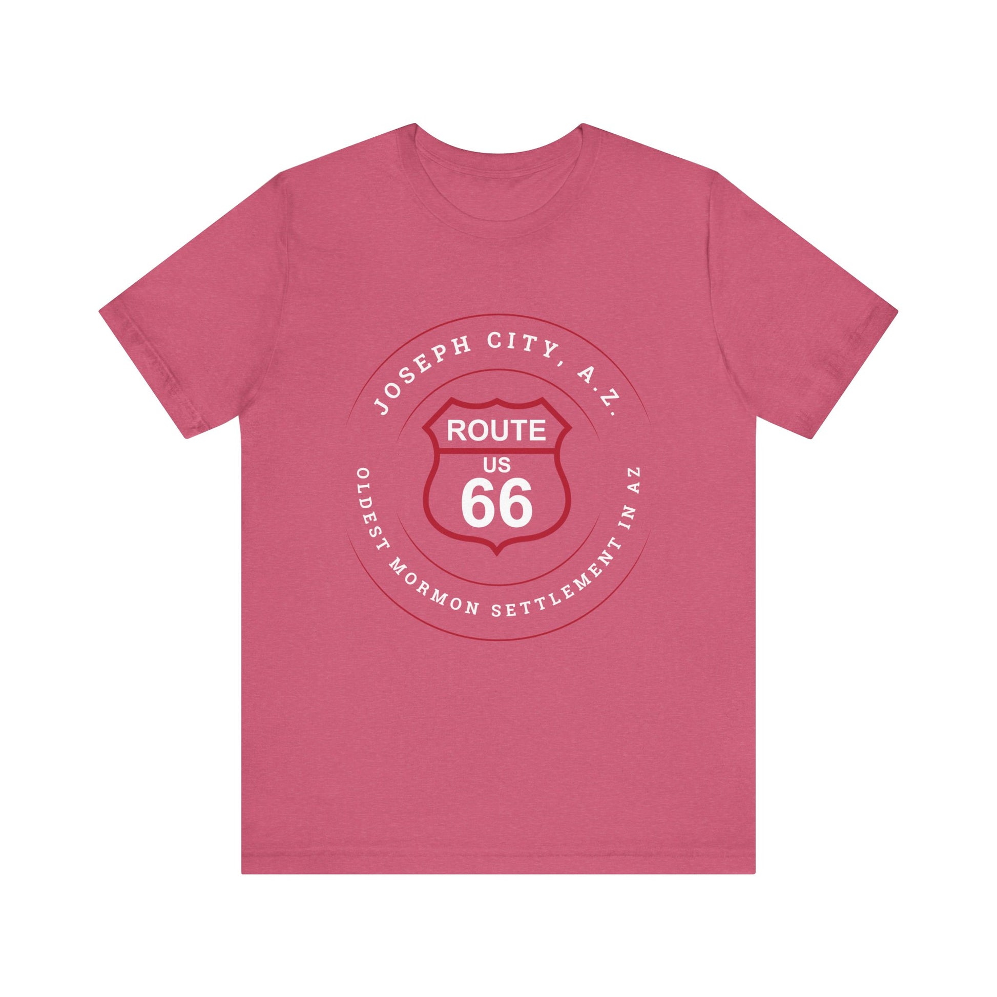 Heather raspberry retro Route 66 unisex jersey tee with Joseph City, AZ: "Oldest Mormon Settlement in AZ" design